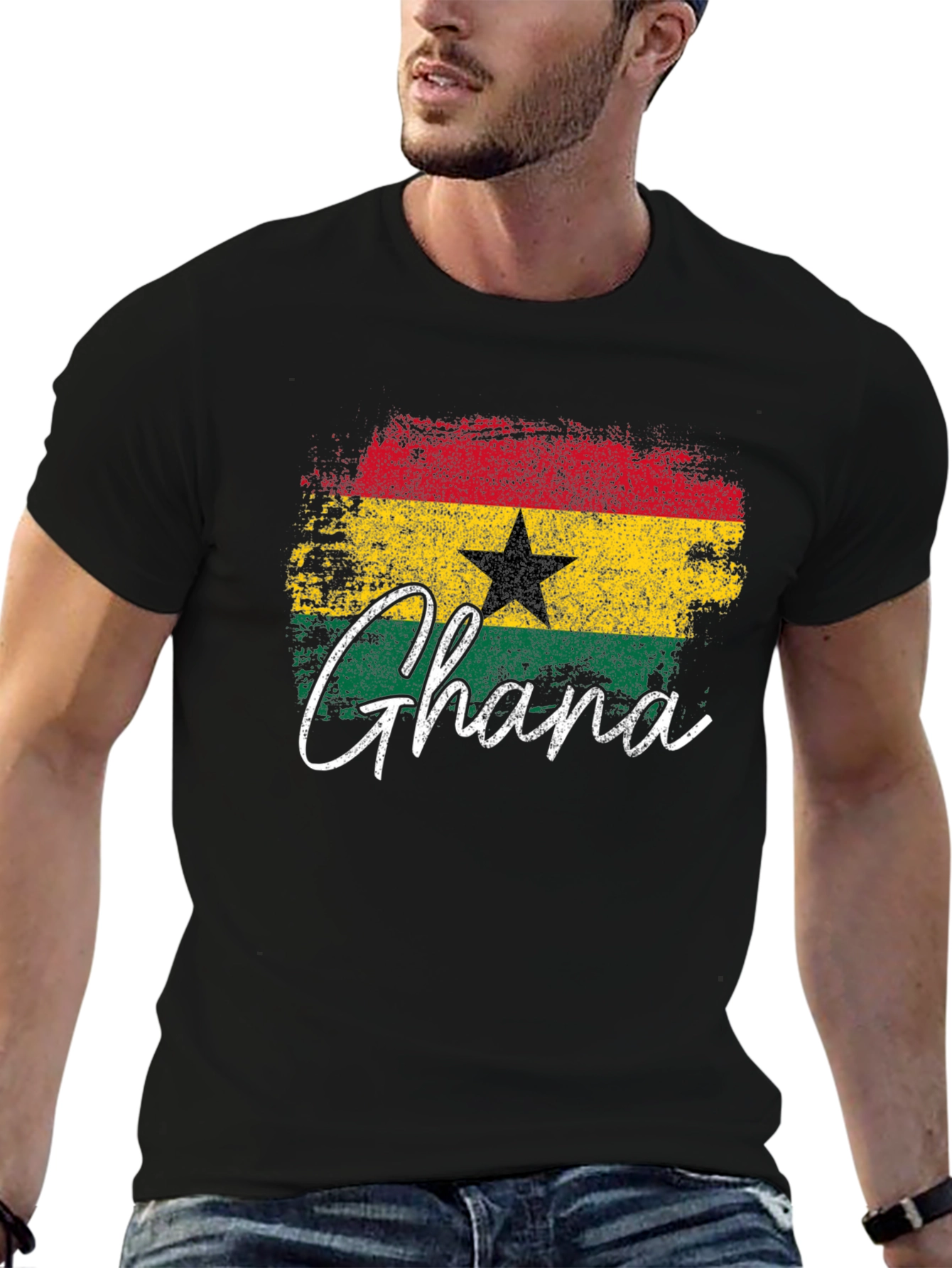 Ghana Flag T-Shirt - Distressed Style Black Tee