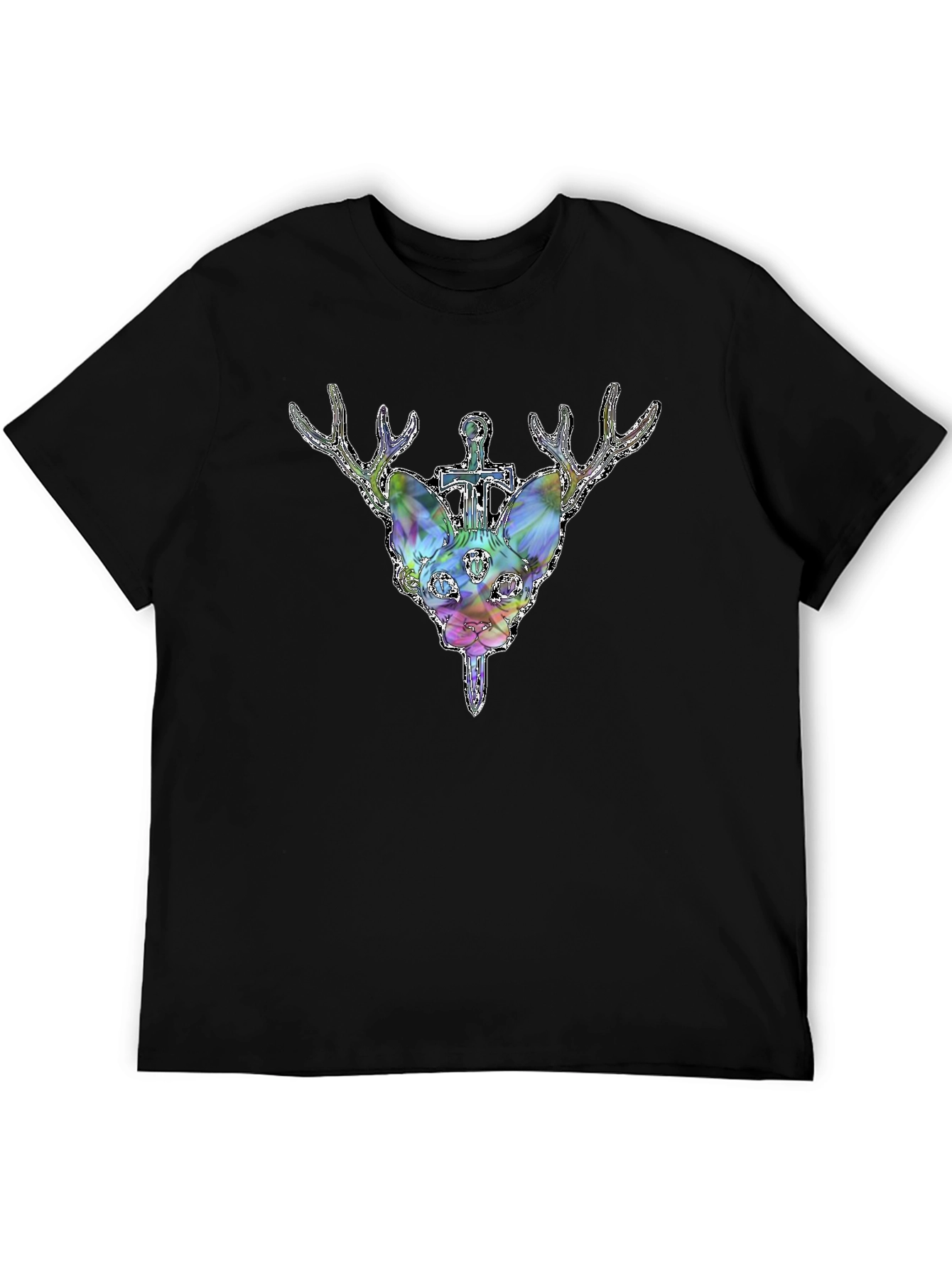 Deer Cat Graphic Tee - Black Cotton T-Shirt