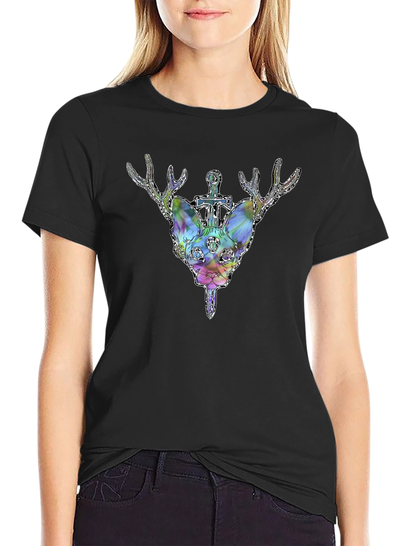 Deer Cat Graphic Tee - Black Cotton T-Shirt