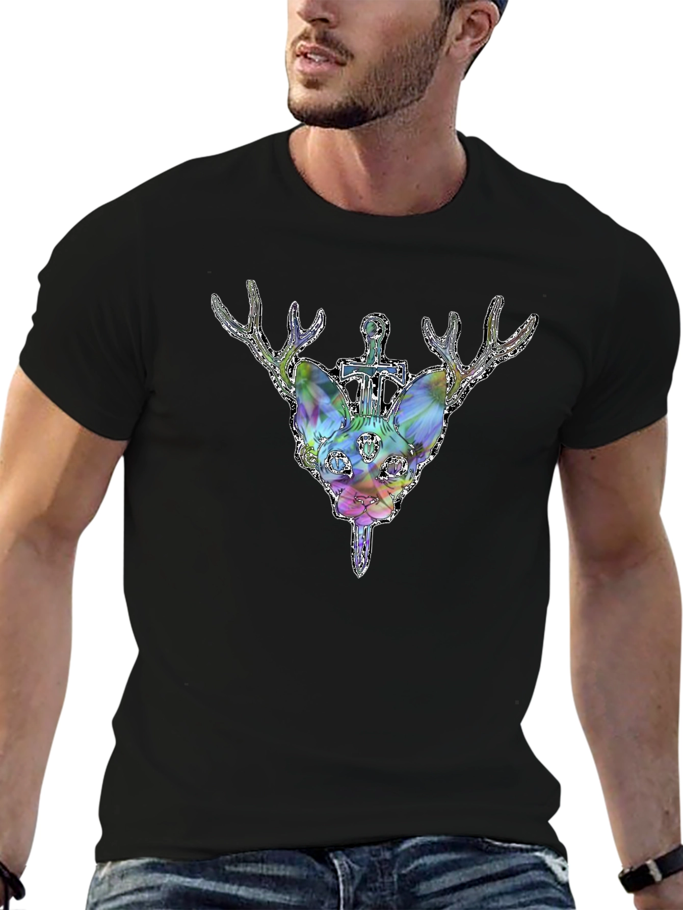 Deer Cat Graphic Tee - Black Cotton T-Shirt