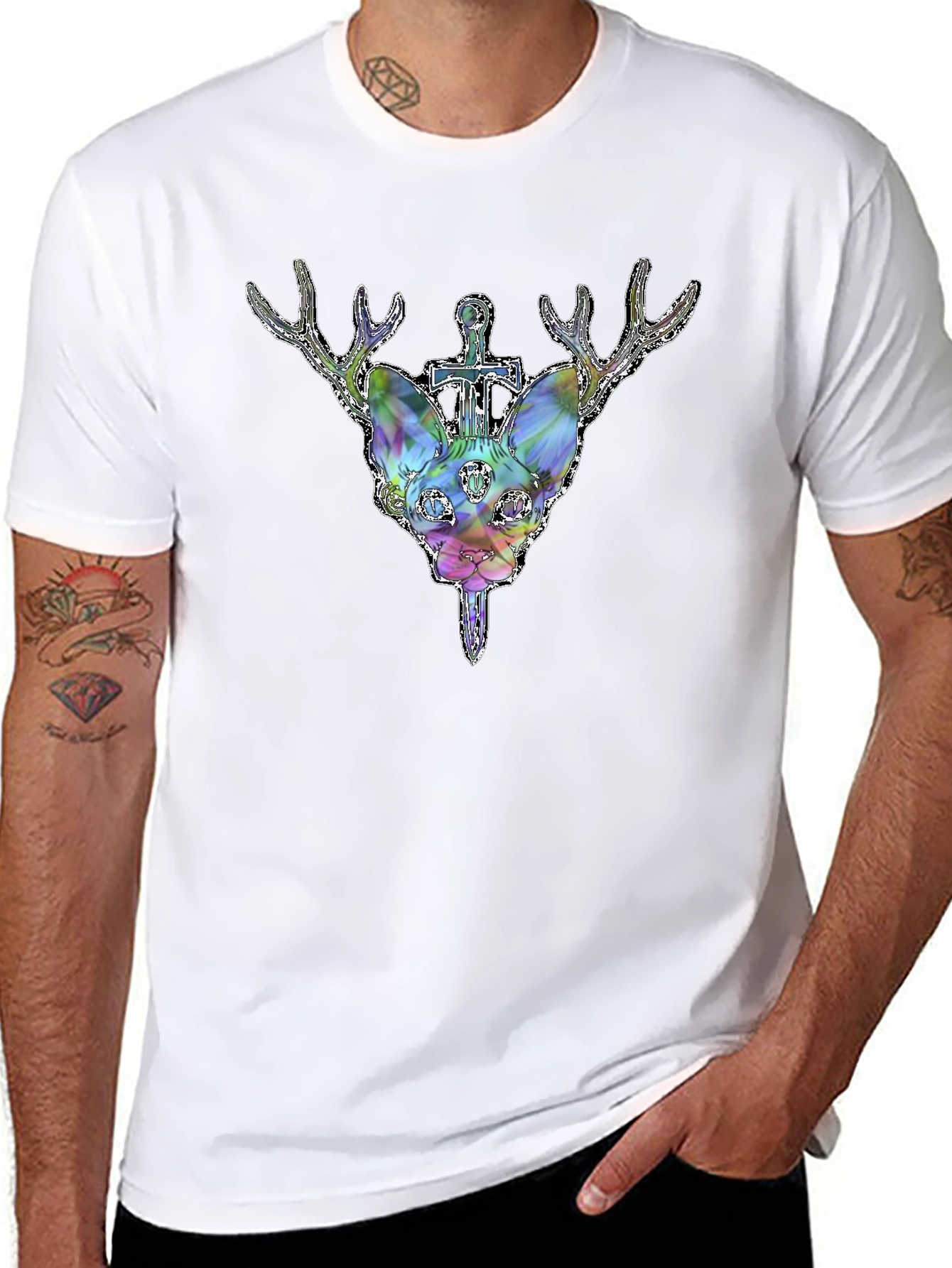 Deer Cat Graphic Tee - Black Cotton T-Shirt