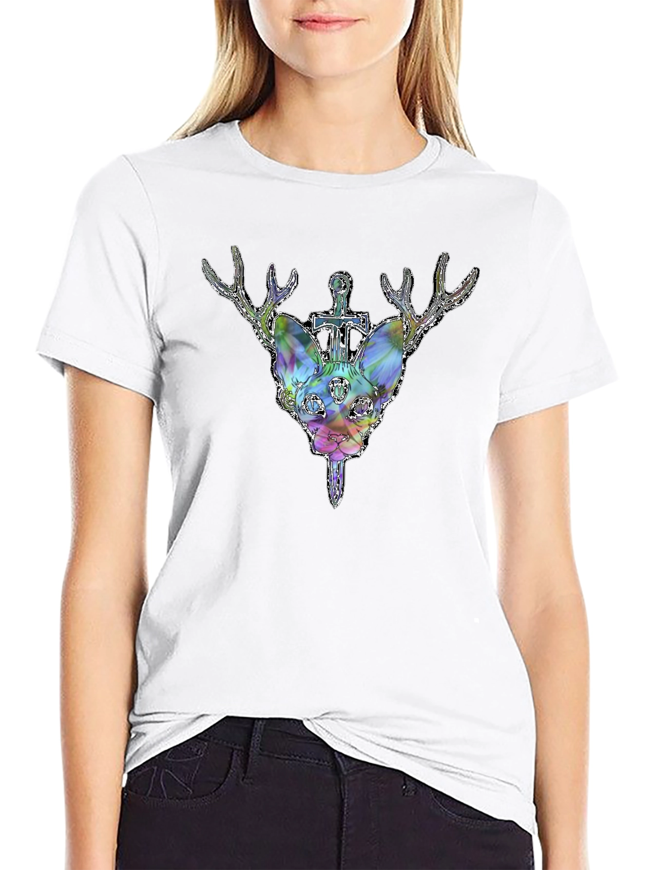 Deer Cat Graphic Tee - Black Cotton T-Shirt