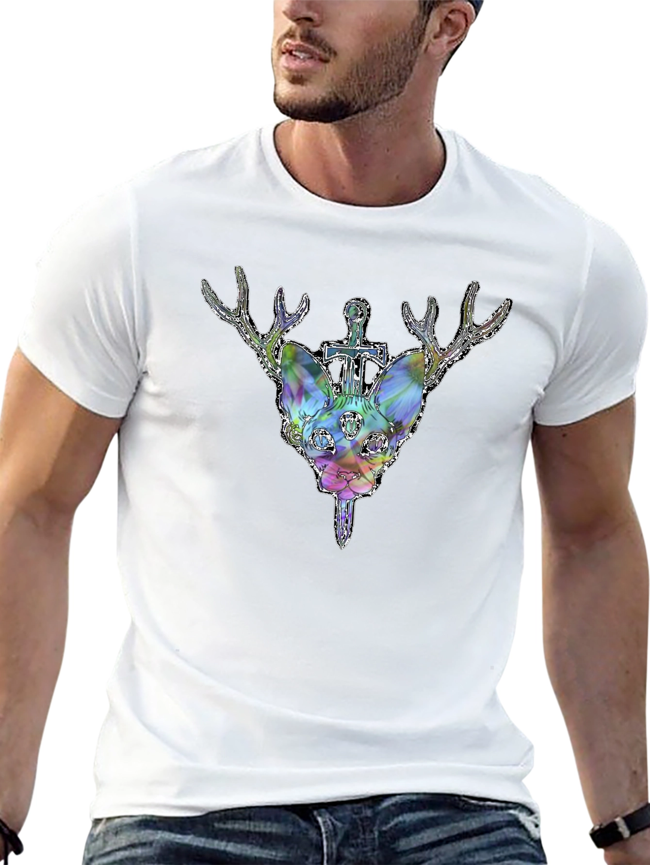 Deer Cat Graphic Tee - Black Cotton T-Shirt