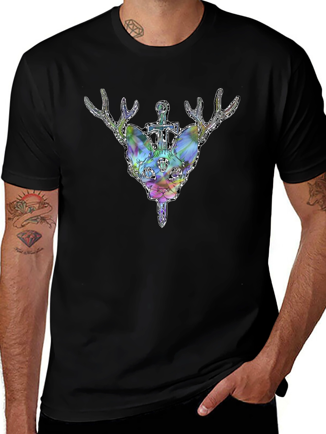 Deer Cat Graphic Tee - Black Cotton T-Shirt