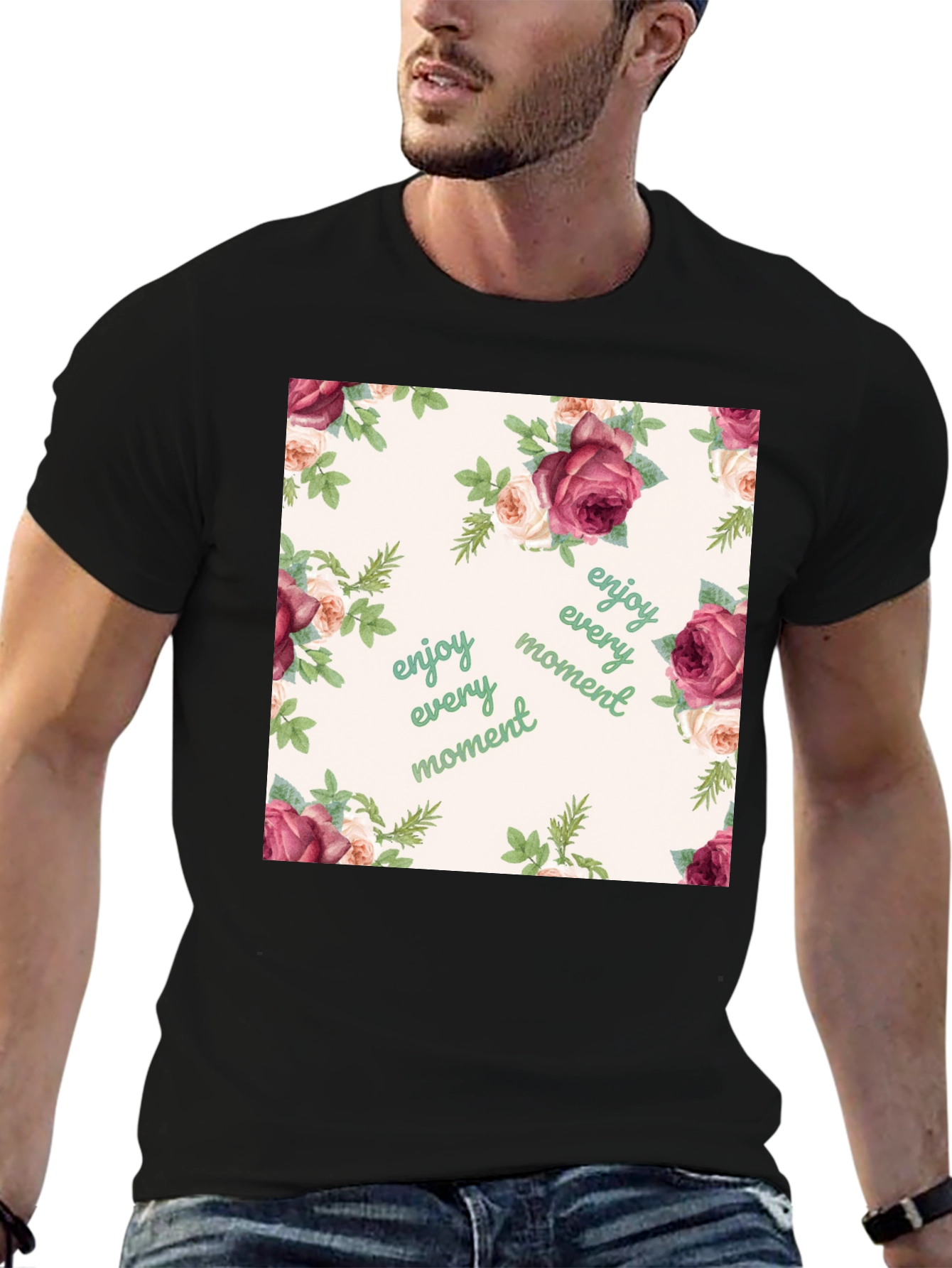 Floral Enjoy Every Moment Black T-Shirt