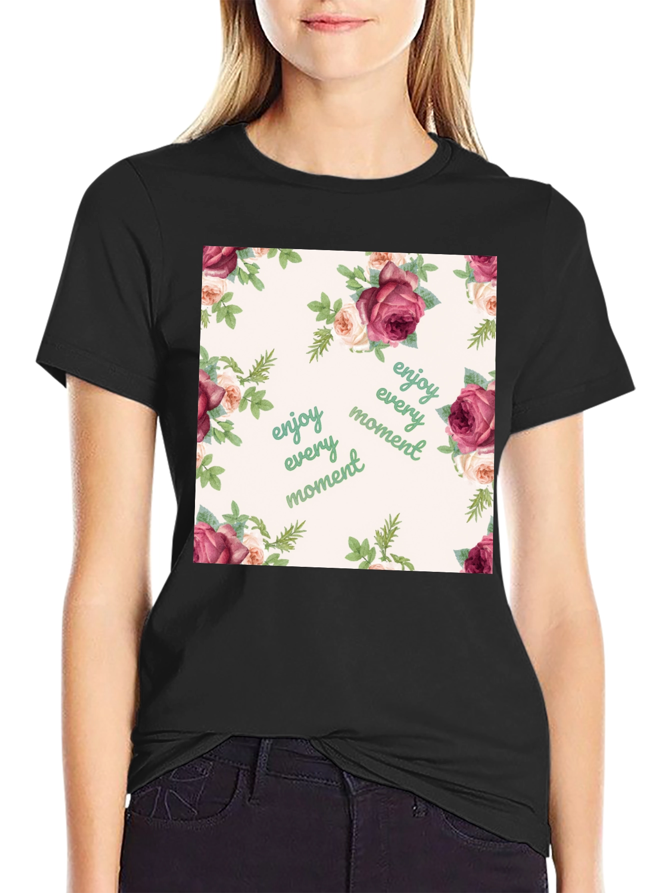 Floral Enjoy Every Moment Black T-Shirt