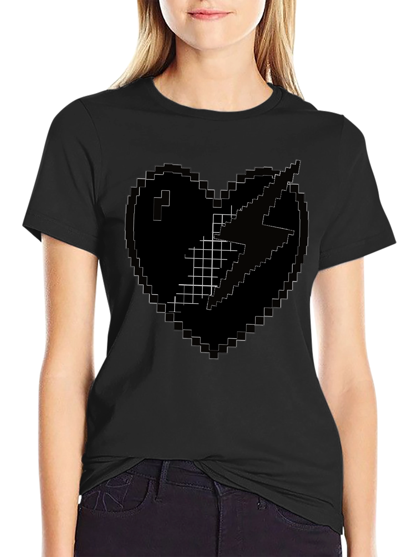 Pixel Heart Lightning Bolt Black T-Shirt