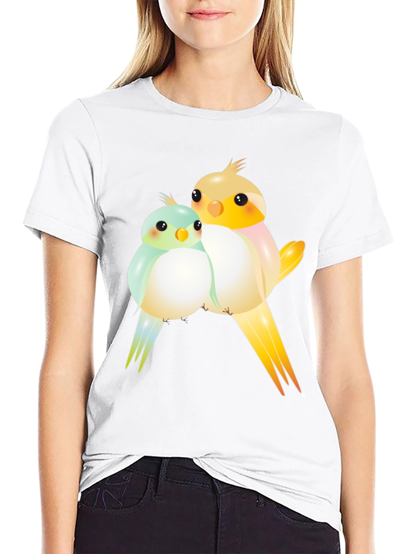 Cute Birdie Couple Graphic Black T-Shirt