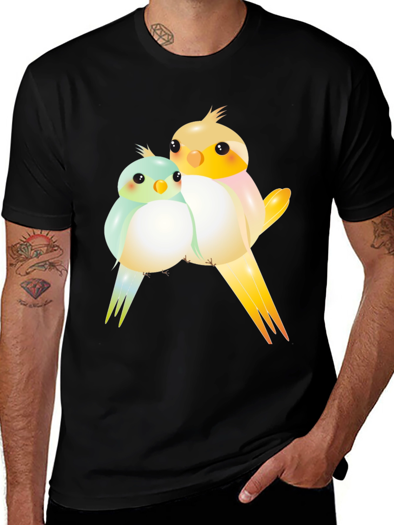 Cute Birdie Couple Graphic Black T-Shirt