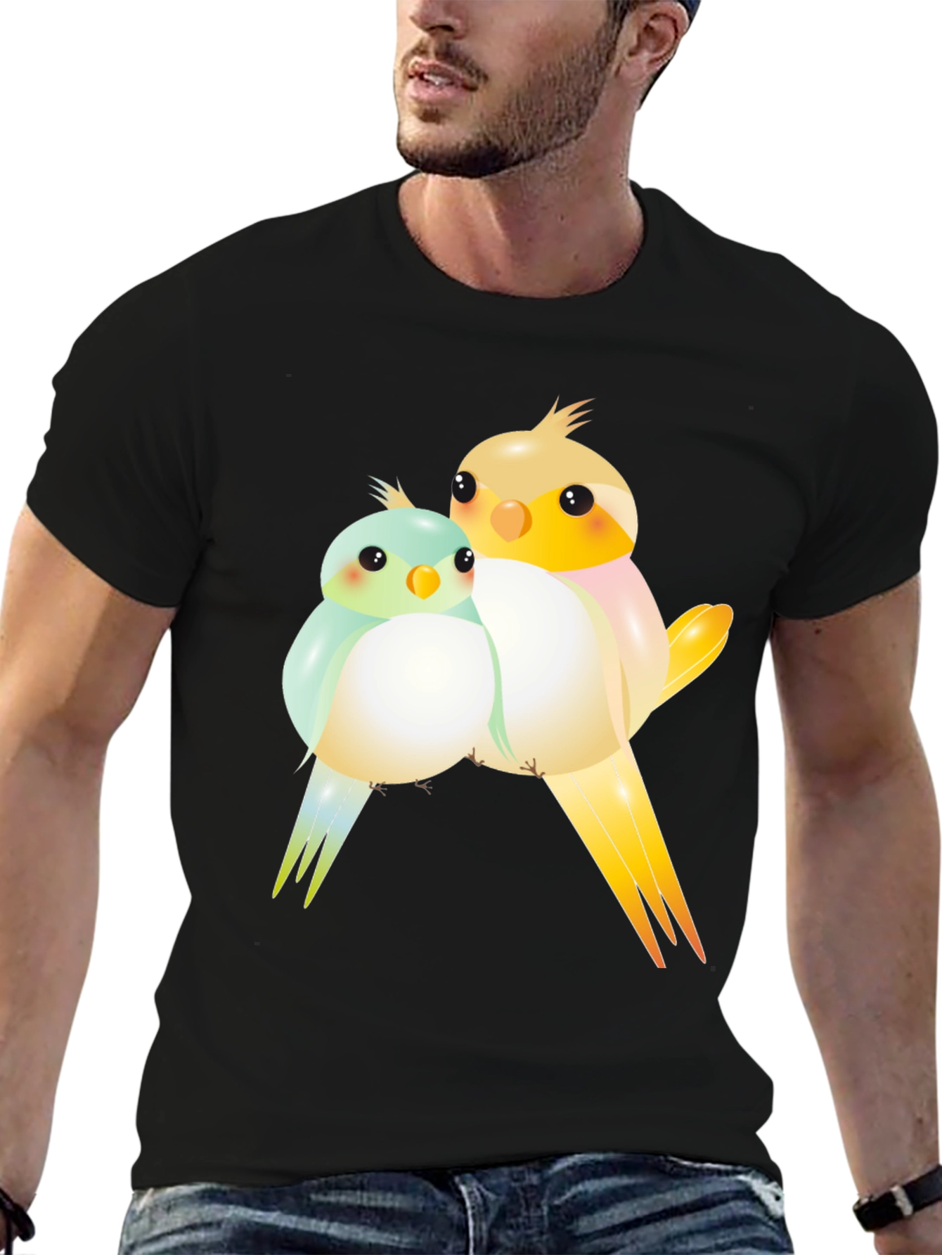 Cute Birdie Couple Graphic Black T-Shirt