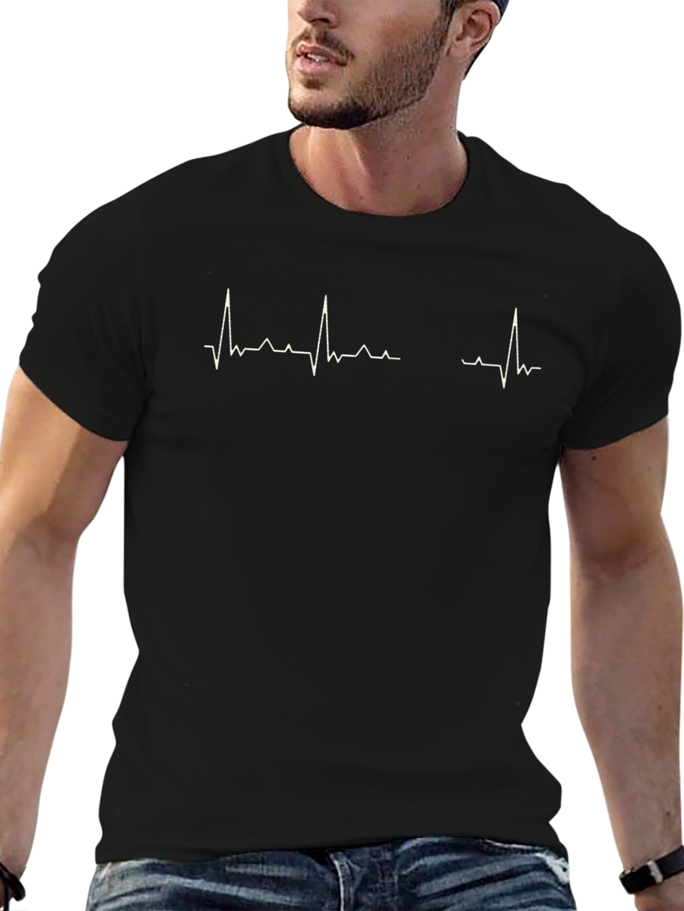Mens Black T-Shirt with Heartbeat Graphic