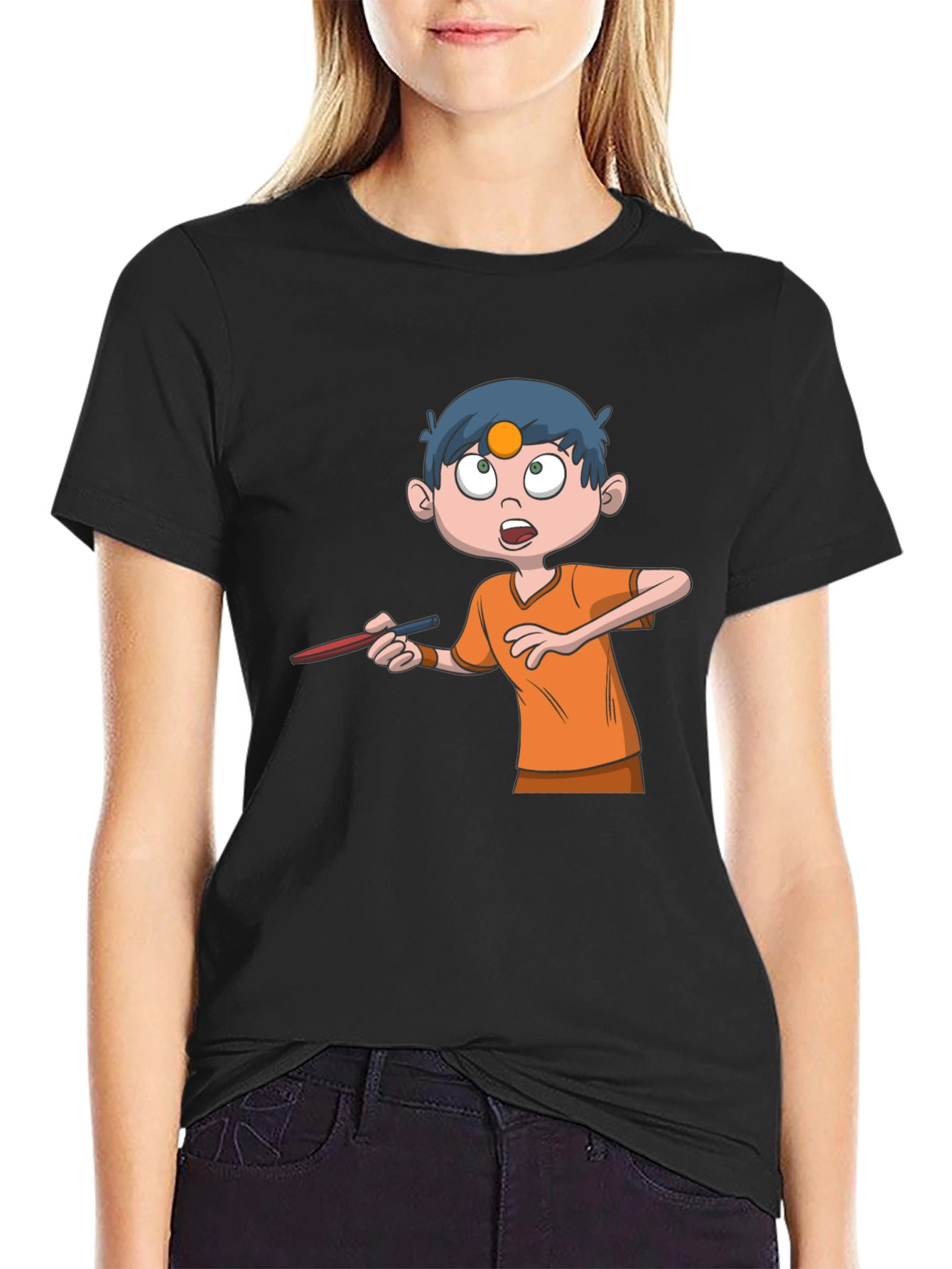 Cartoon Boy Graphic Tee - Black Cotton T-Shirt