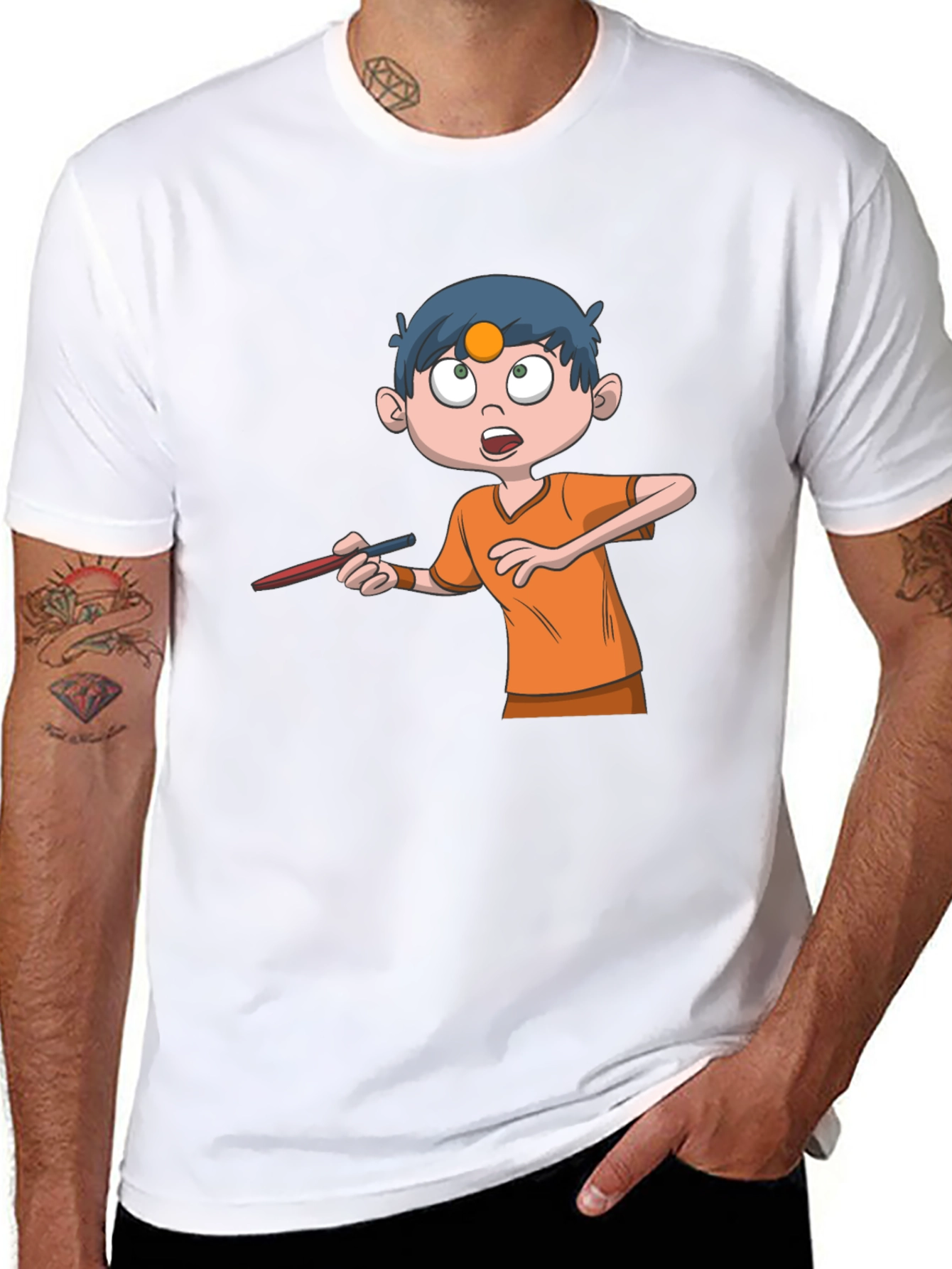 Cartoon Boy Graphic Tee - Black Cotton T-Shirt