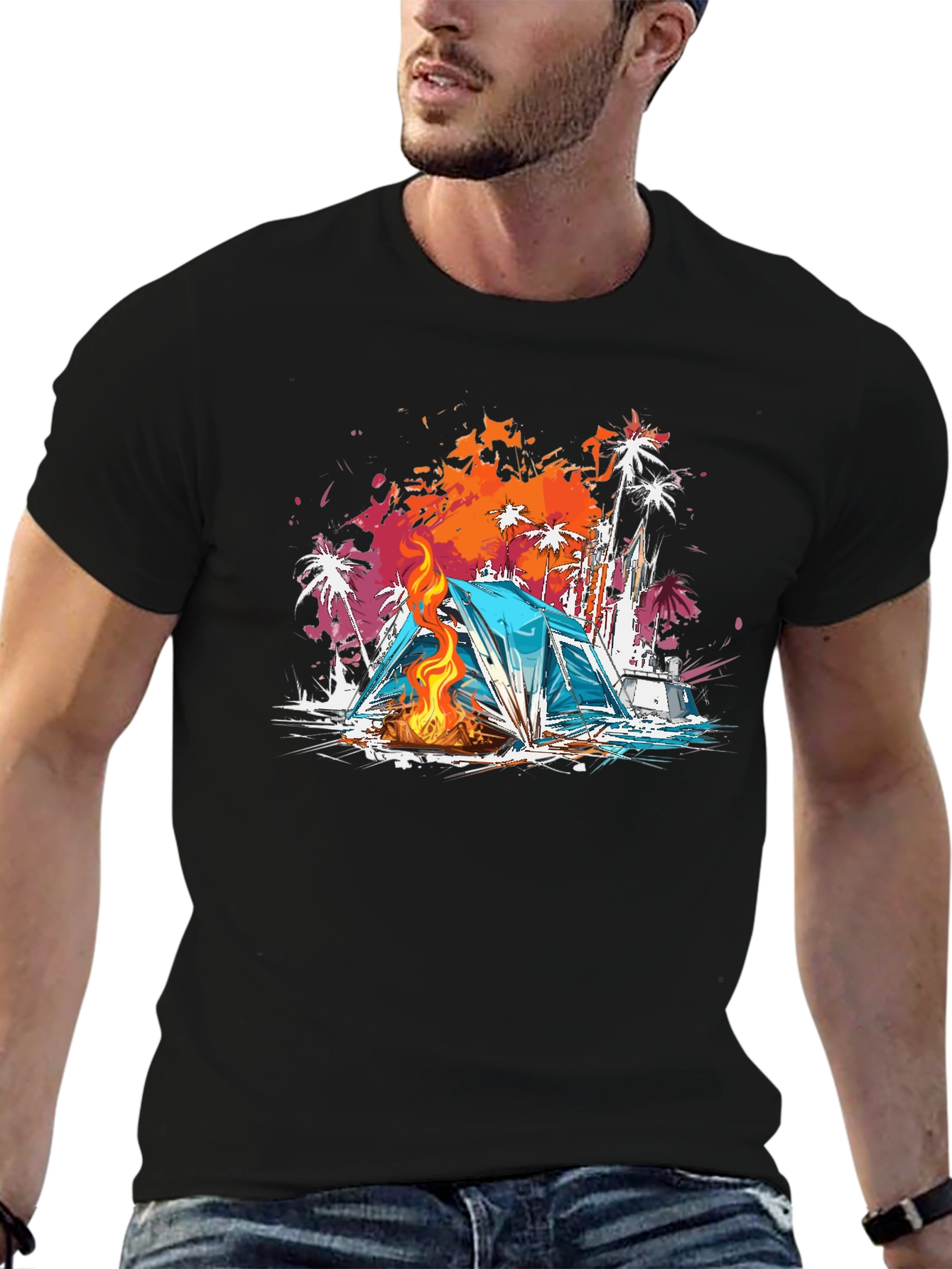 Camping Vibes Graphic Tee - Beach Campfire T-Shirt