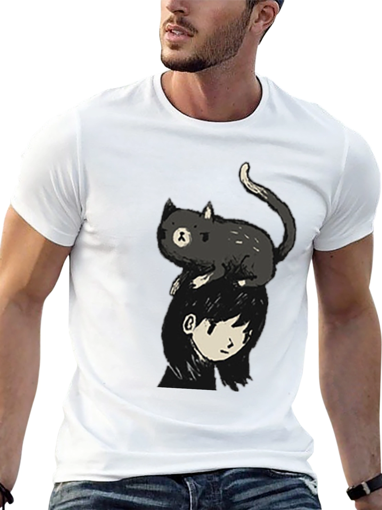 Cat on Head Graphic Tee - Black Crew Neck