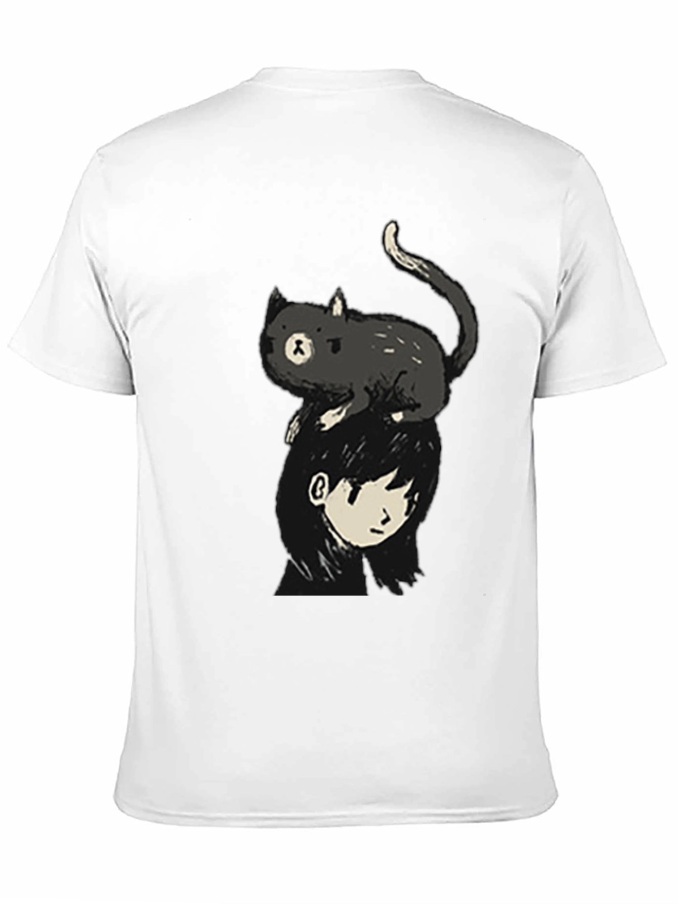 Cat on Head Graphic Tee - Black Crew Neck