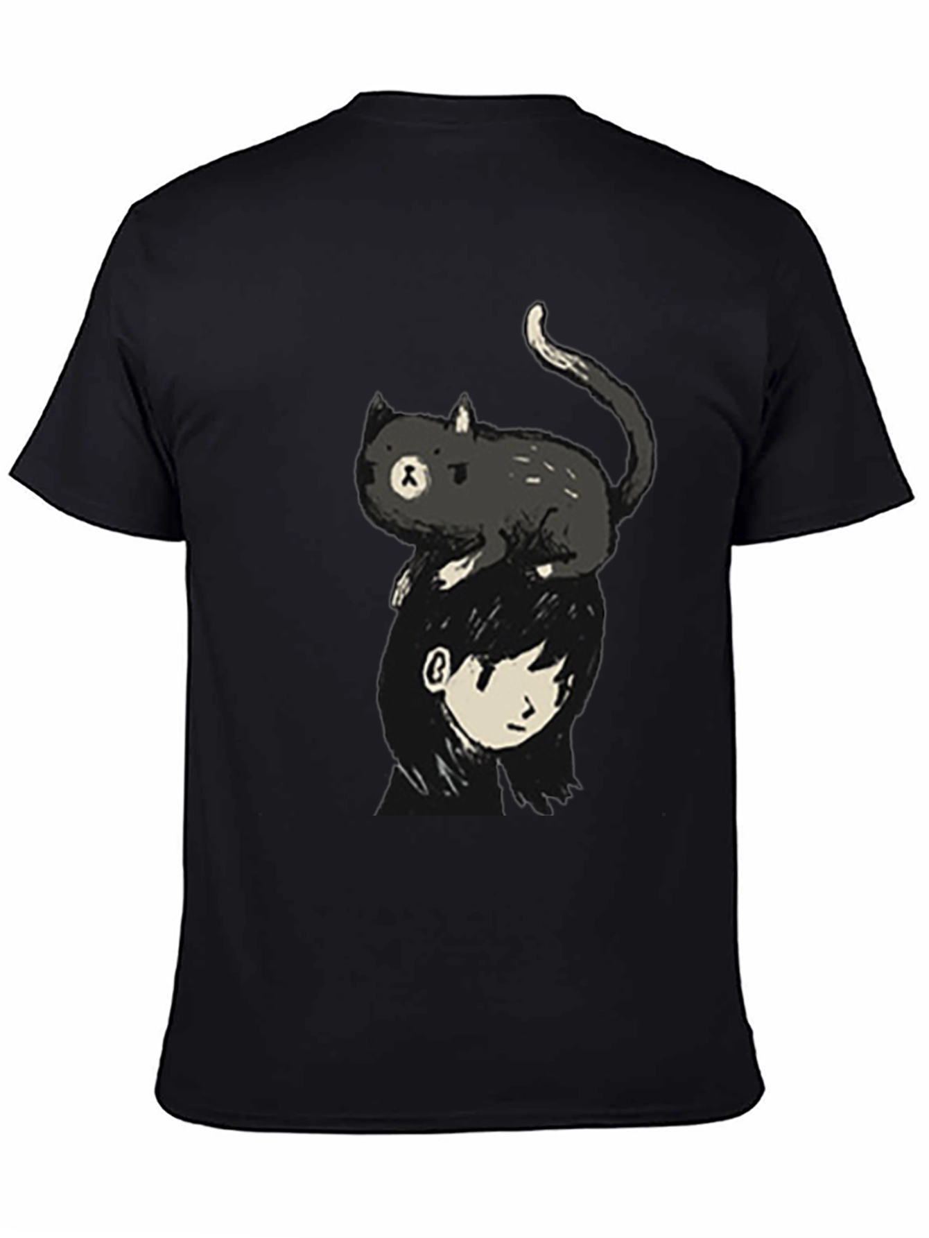 Cat on Head Graphic Tee - Black Crew Neck