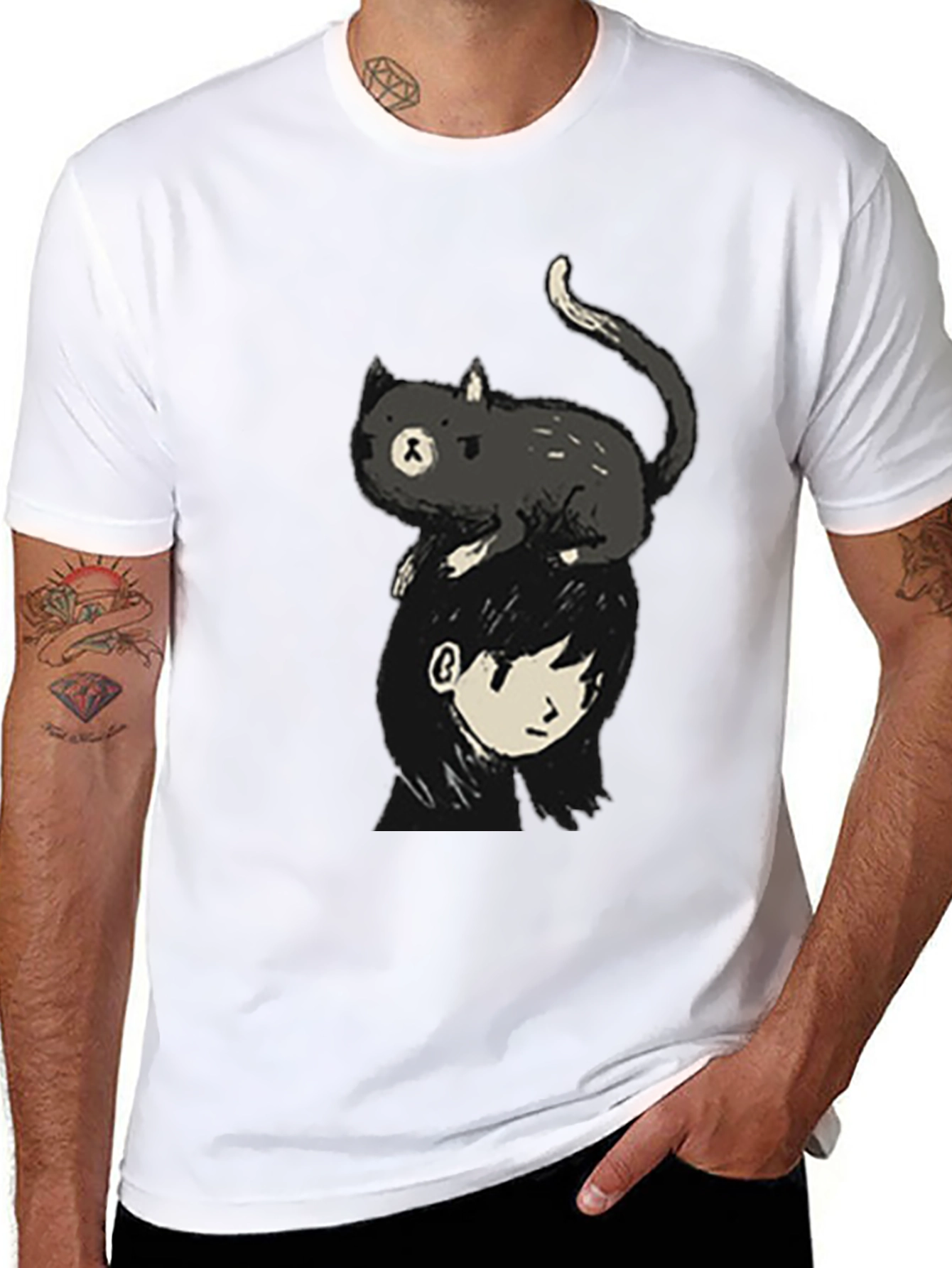 Cat on Head Graphic Tee - Black Crew Neck