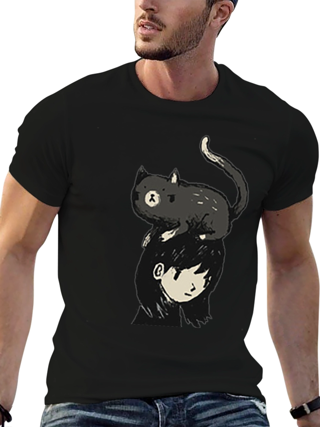 Cat on Head Graphic Tee - Black Crew Neck