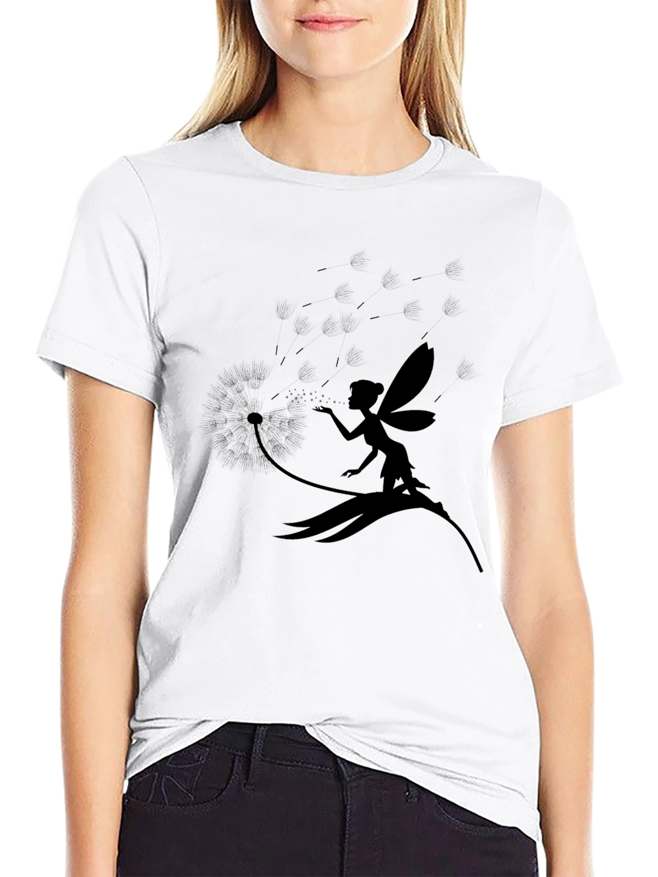 Fairy Dandelion Print Tee - Stylish Black T-Shirt