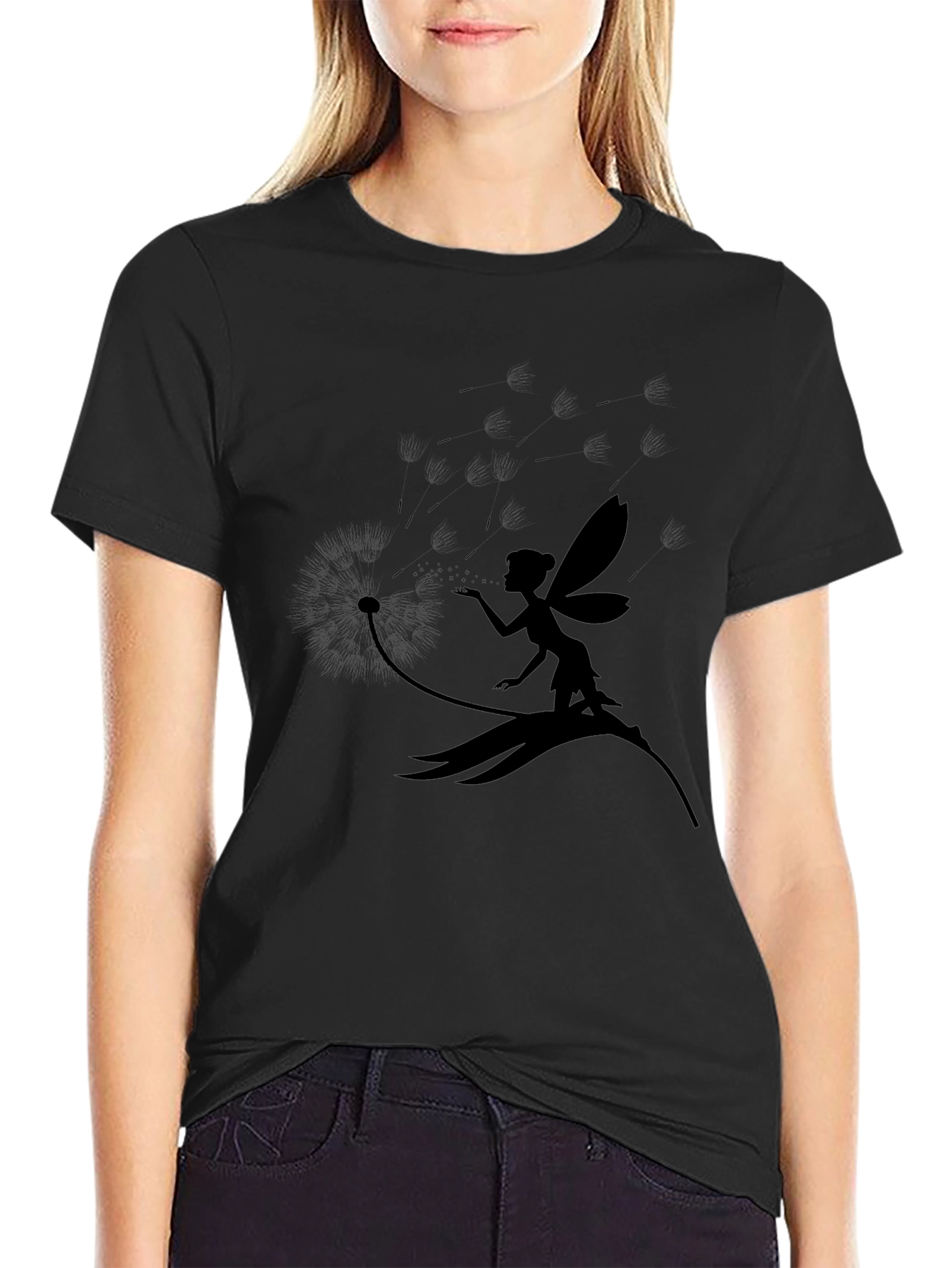 Fairy Dandelion Print Tee - Stylish Black T-Shirt