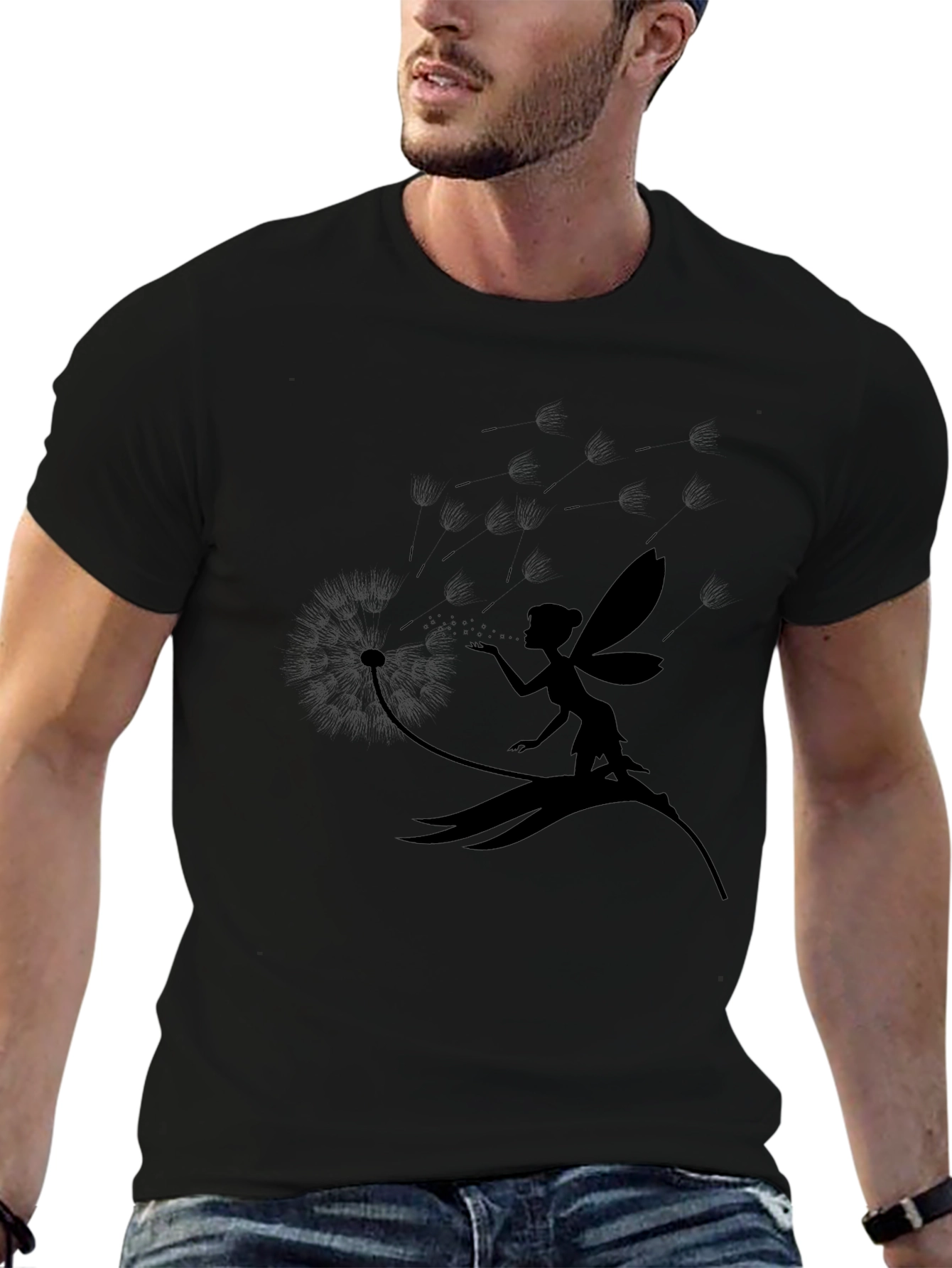 Fairy Dandelion Print Tee - Stylish Black T-Shirt