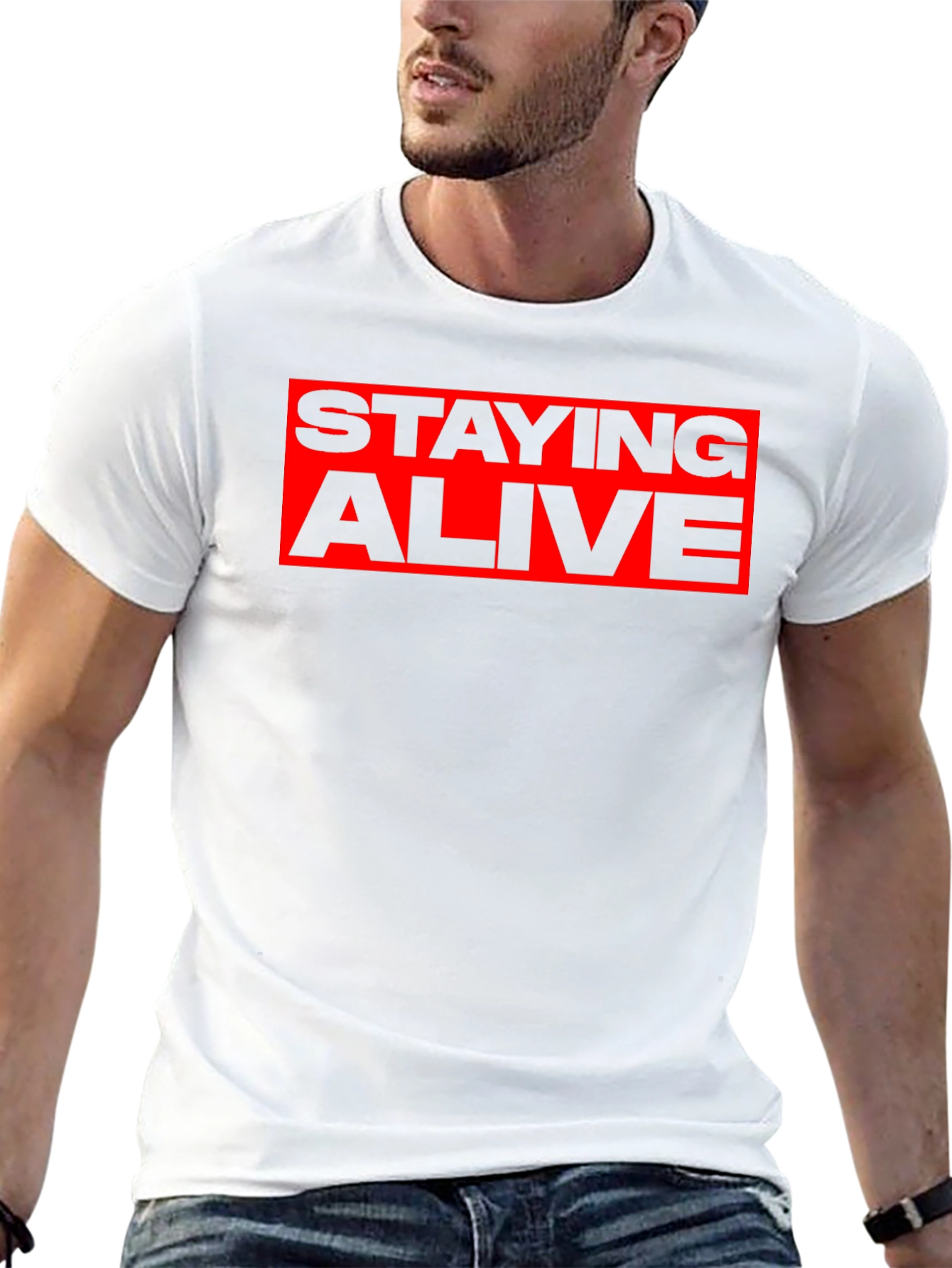 Staying Alive Graphic Tee - Bold Red Print