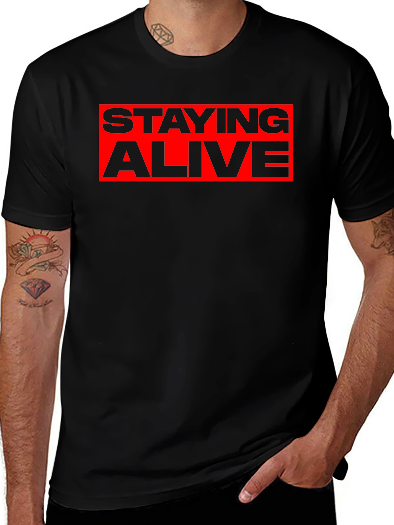 Staying Alive Graphic Tee - Bold Red Print