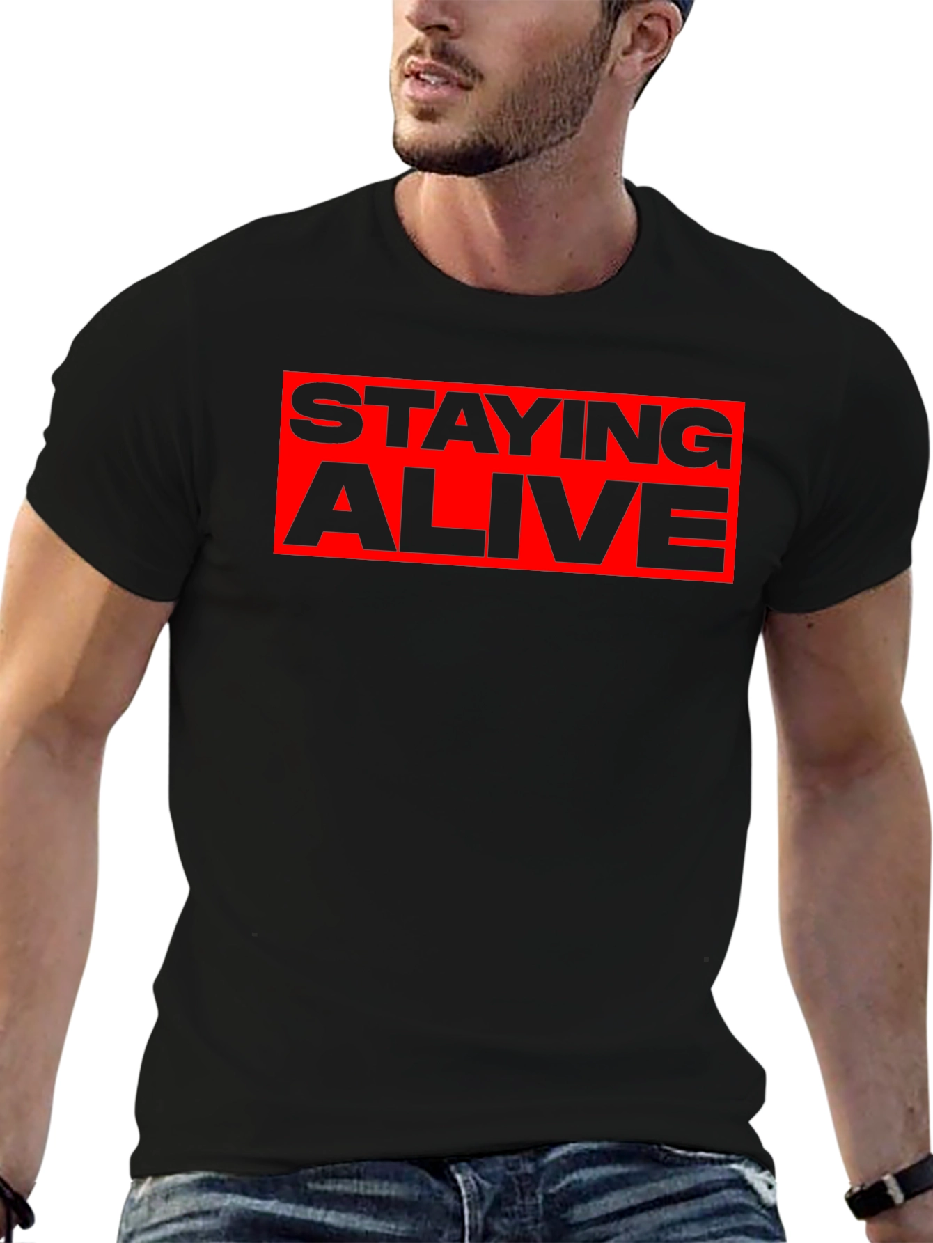 Staying Alive Graphic Tee - Bold Red Print