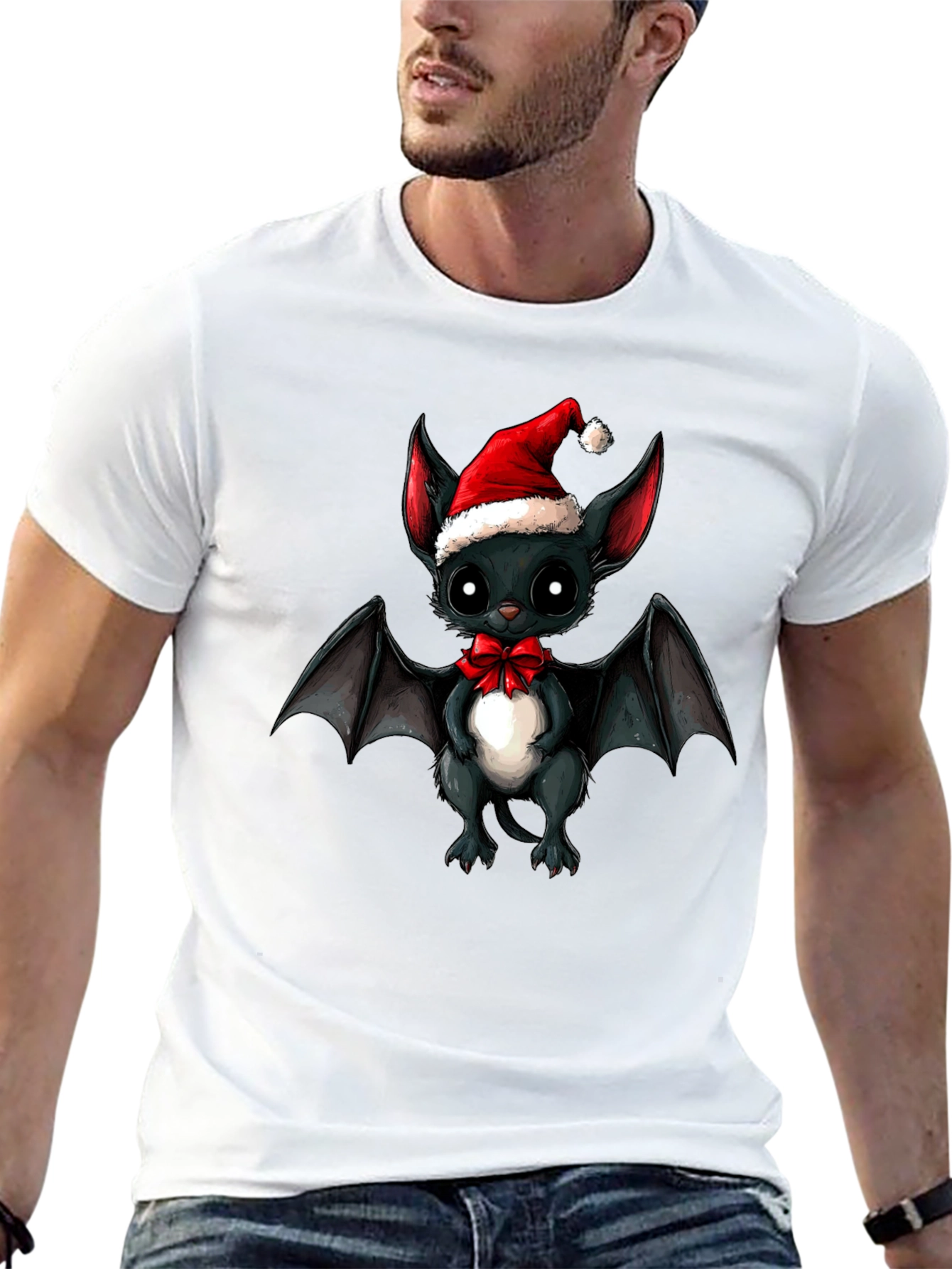Cute Bat in Santa Hat Graphic Tee