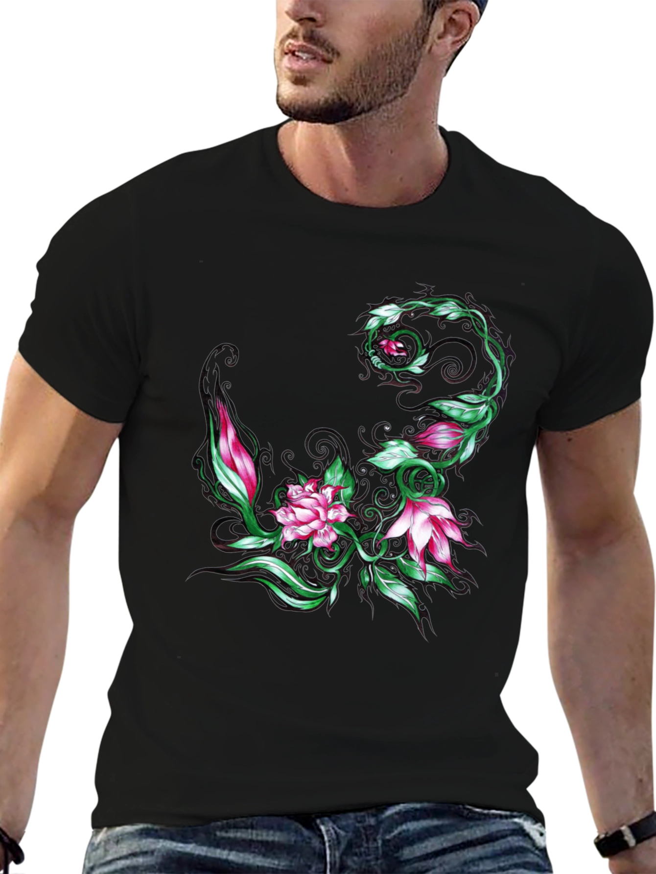 Floral Vine Graphic T-Shirt - Stylish Black Tee
