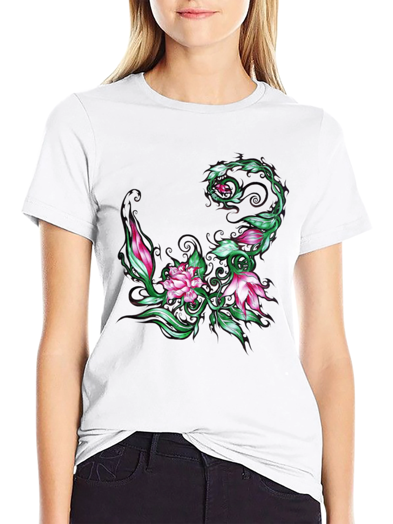Floral Vine Graphic T-Shirt - Stylish Black Tee