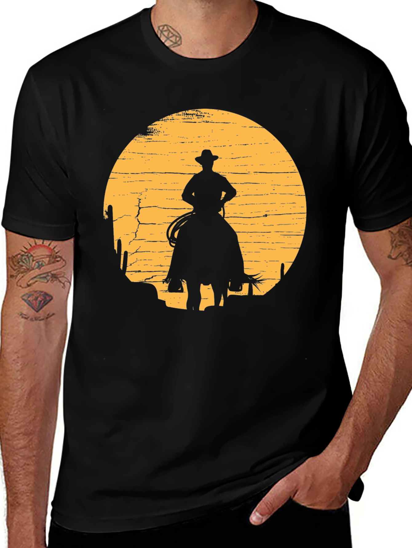 Cowboy Sunset Graphic Tee - Black Cotton T-Shirt