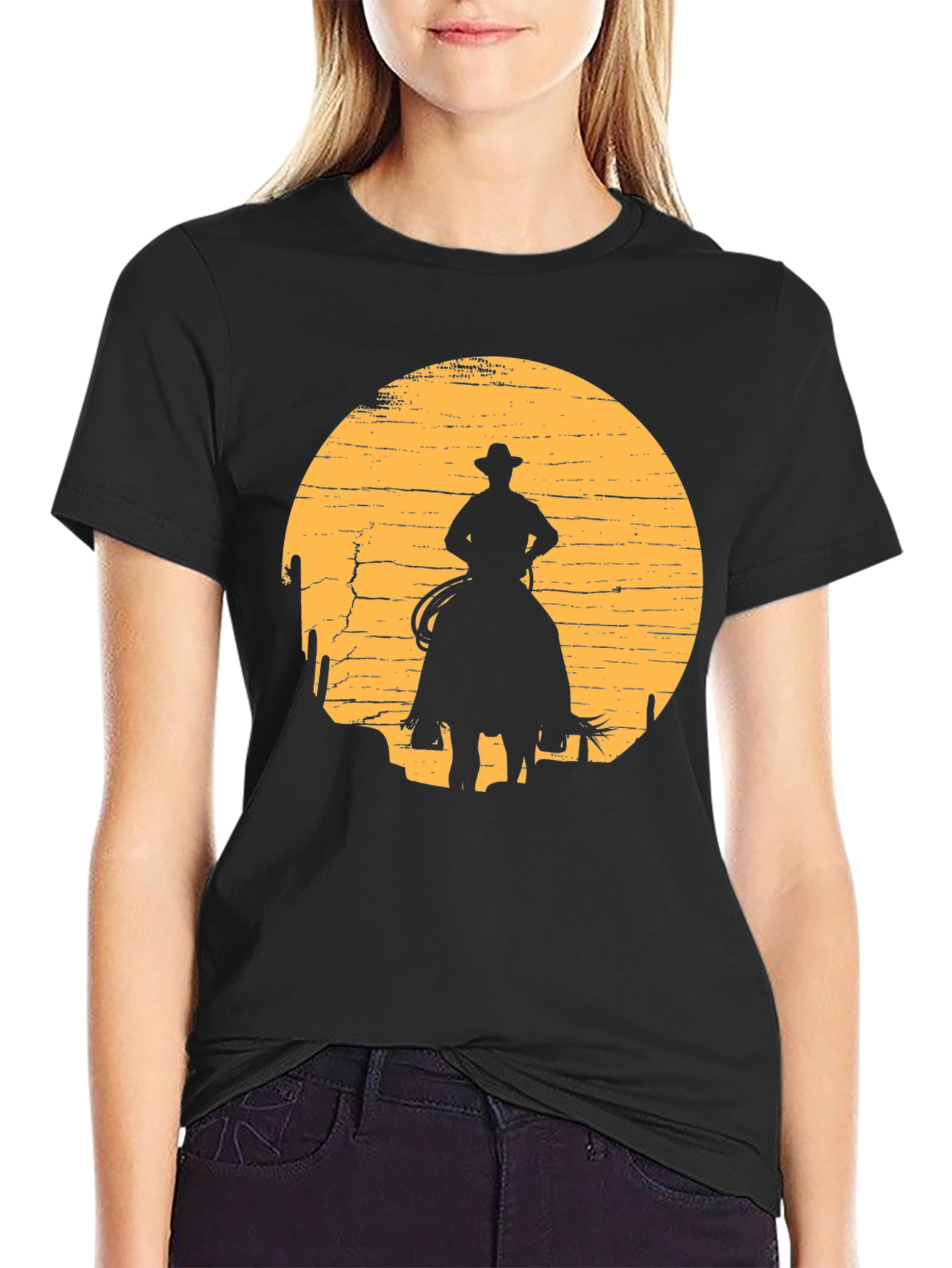 Cowboy Sunset Graphic Tee - Black Cotton T-Shirt