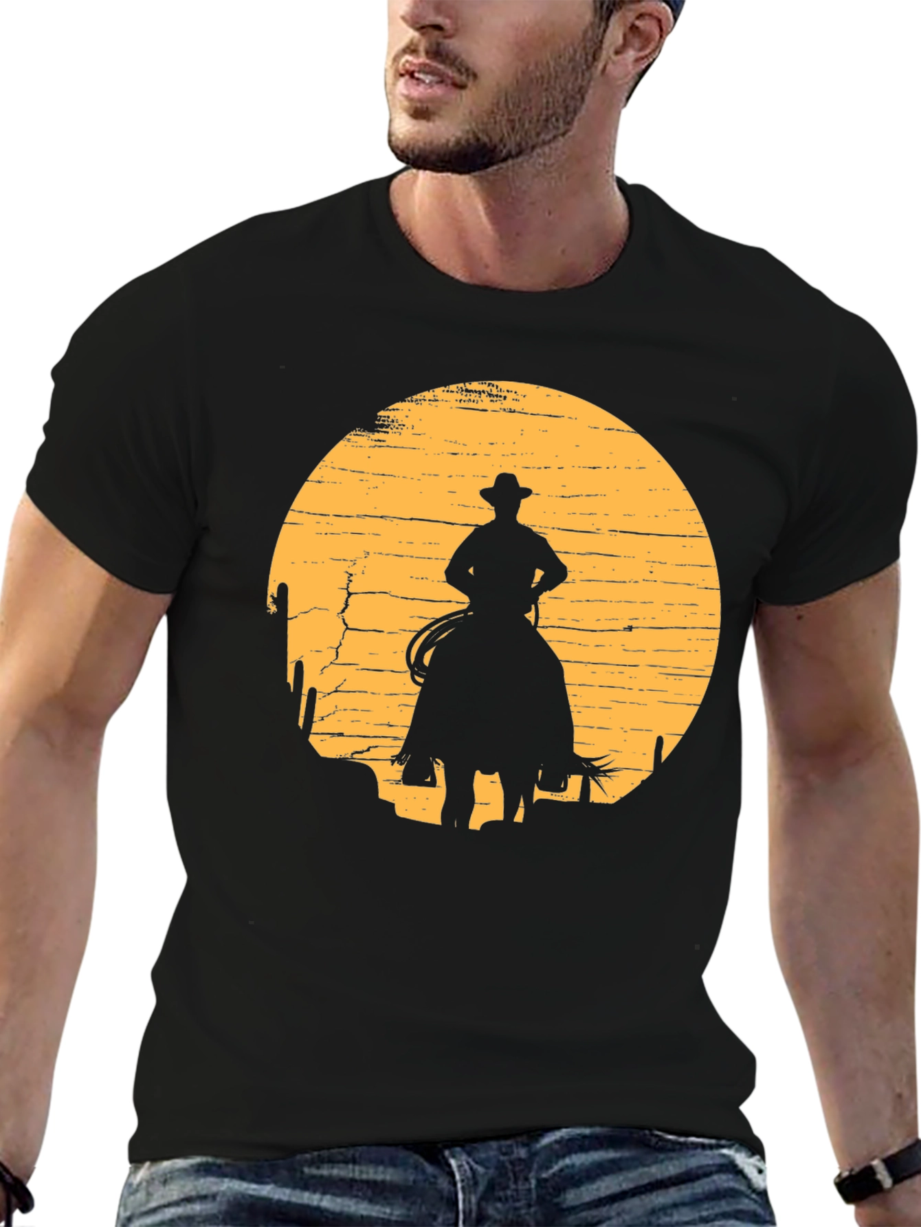 Cowboy Sunset Graphic Tee - Black Cotton T-Shirt