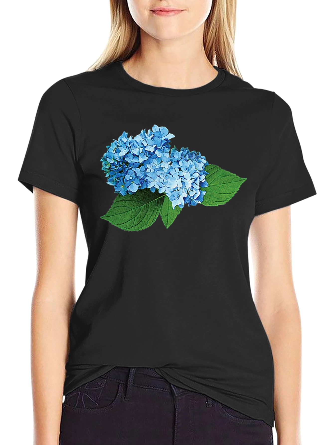Hydrangea Flower Graphic Black T-Shirt