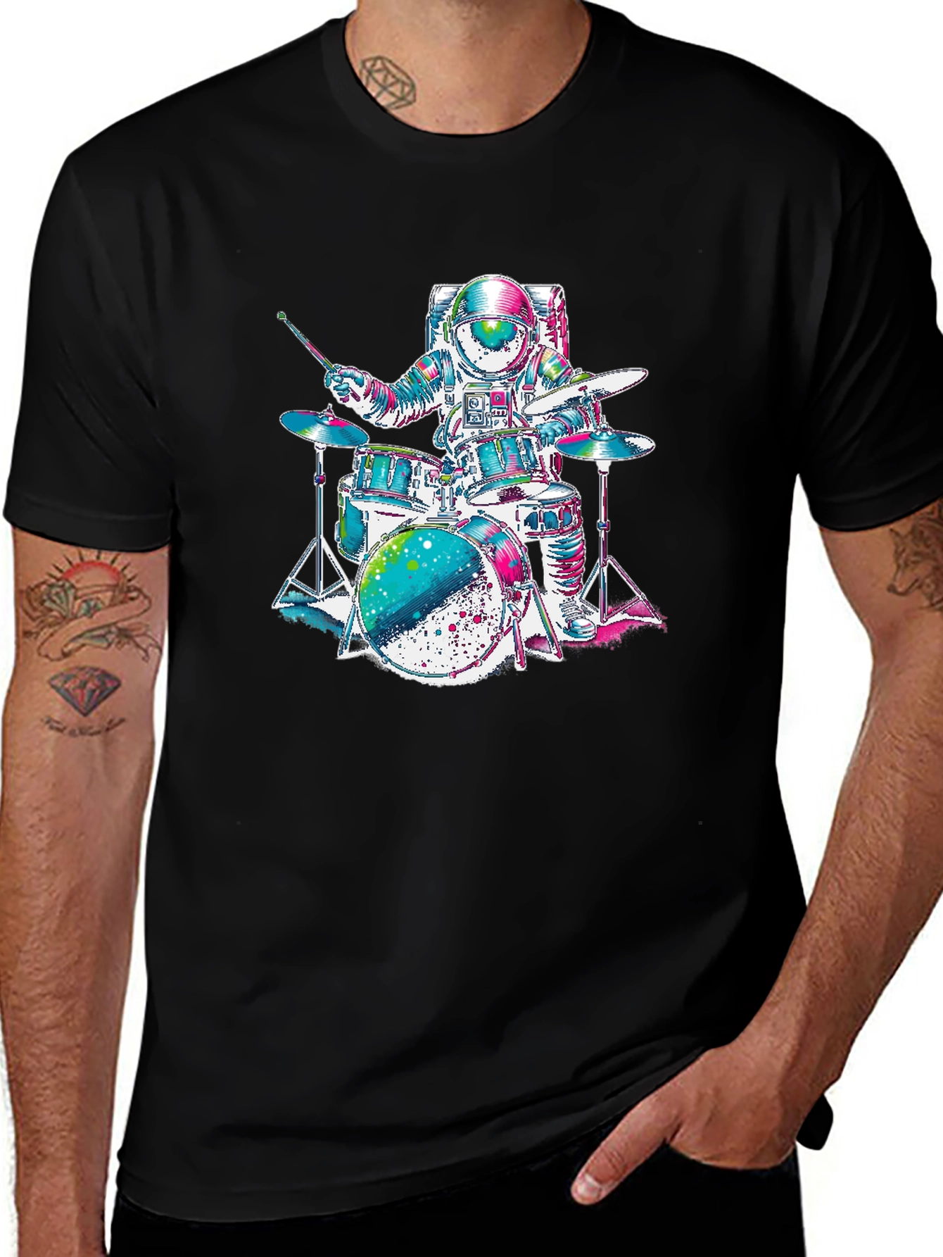 Astronaut Drummer Graphic T-Shirt - Space Rocker Tee