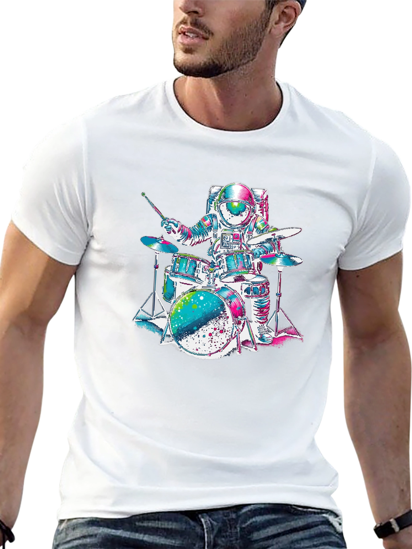 Astronaut Drummer Graphic T-Shirt - Space Rocker Tee