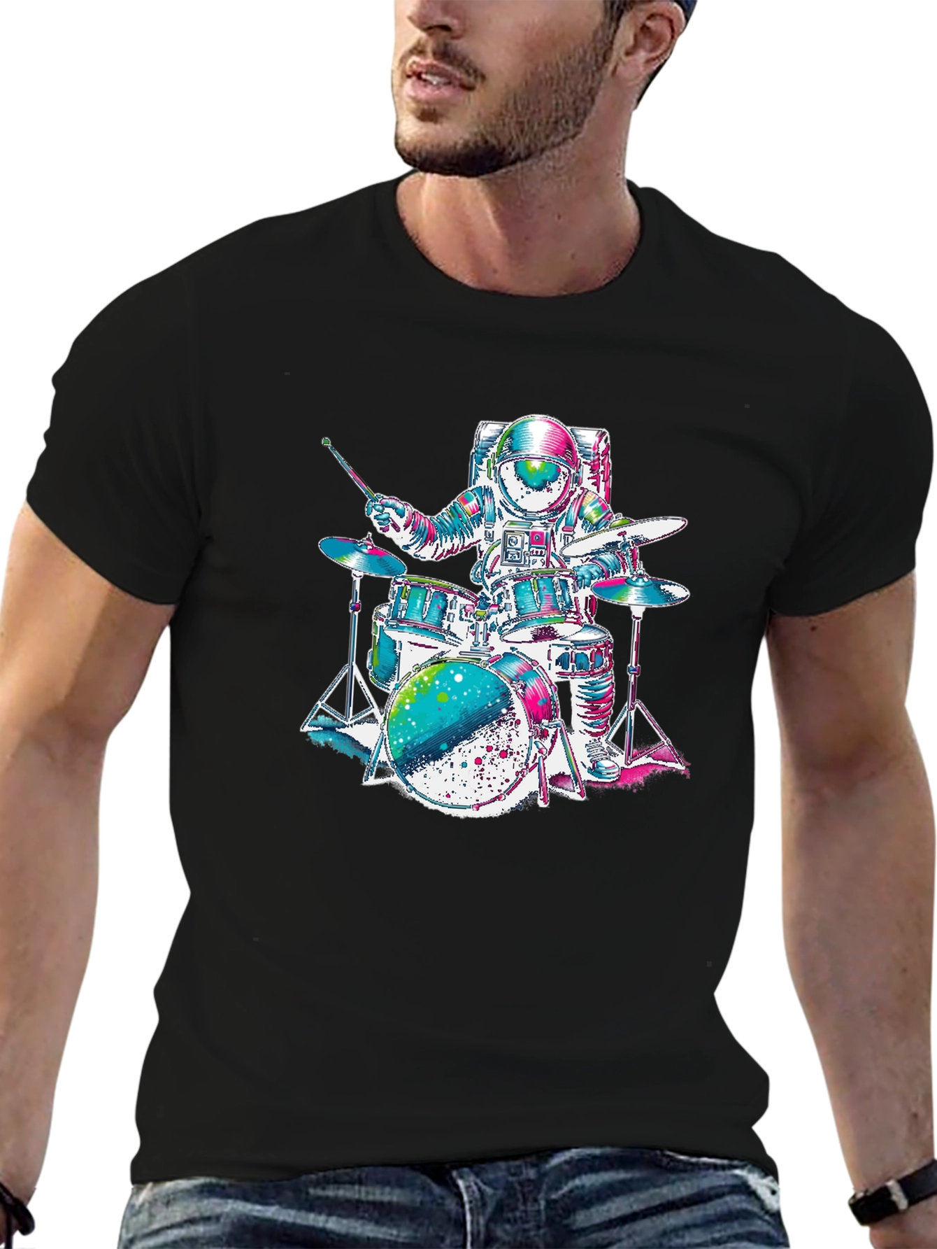 Astronaut Drummer Graphic T-Shirt - Space Rocker Tee