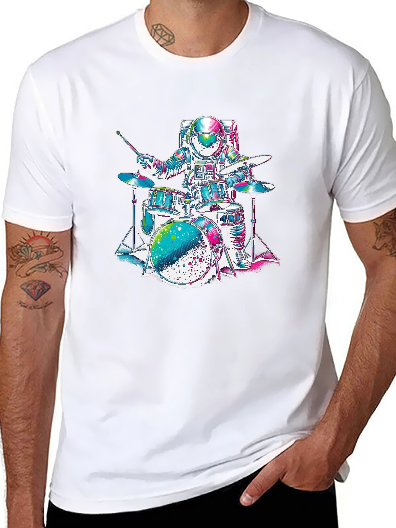 Astronaut Drummer Graphic T-Shirt - Space Rocker Tee