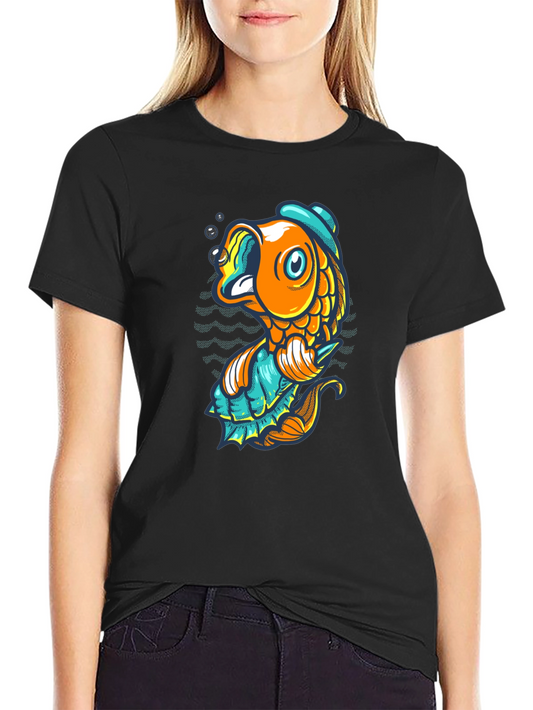 Black T-Shirt with Cartoon Fish Graphic