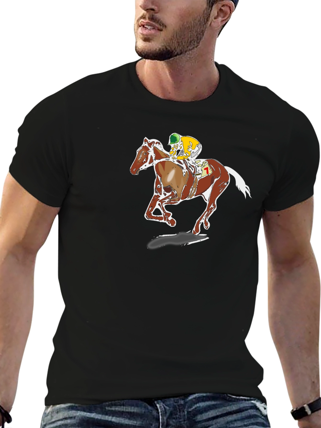 Horse Racing Graphic Tee - Black Cotton T-Shirt