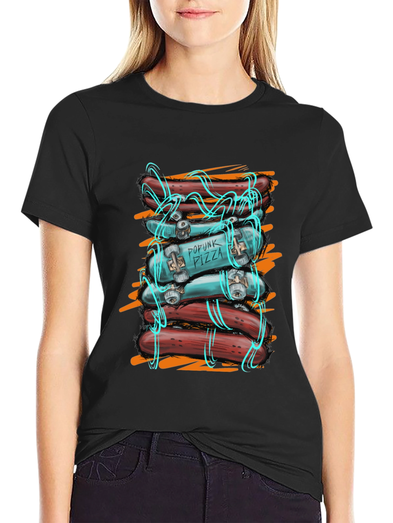 Popunk Pizza Skateboard & Hotdog T-Shirt