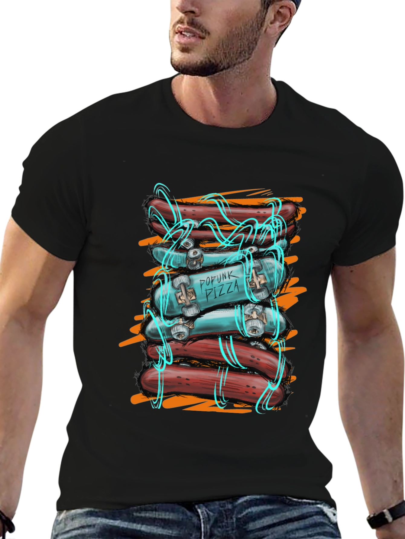 Popunk Pizza Skateboard & Hotdog T-Shirt