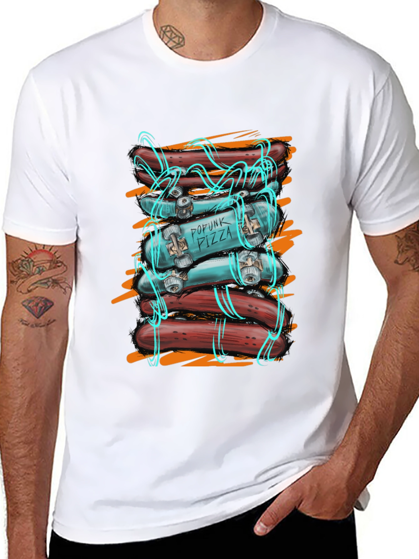 Popunk Pizza Skateboard & Hotdog T-Shirt