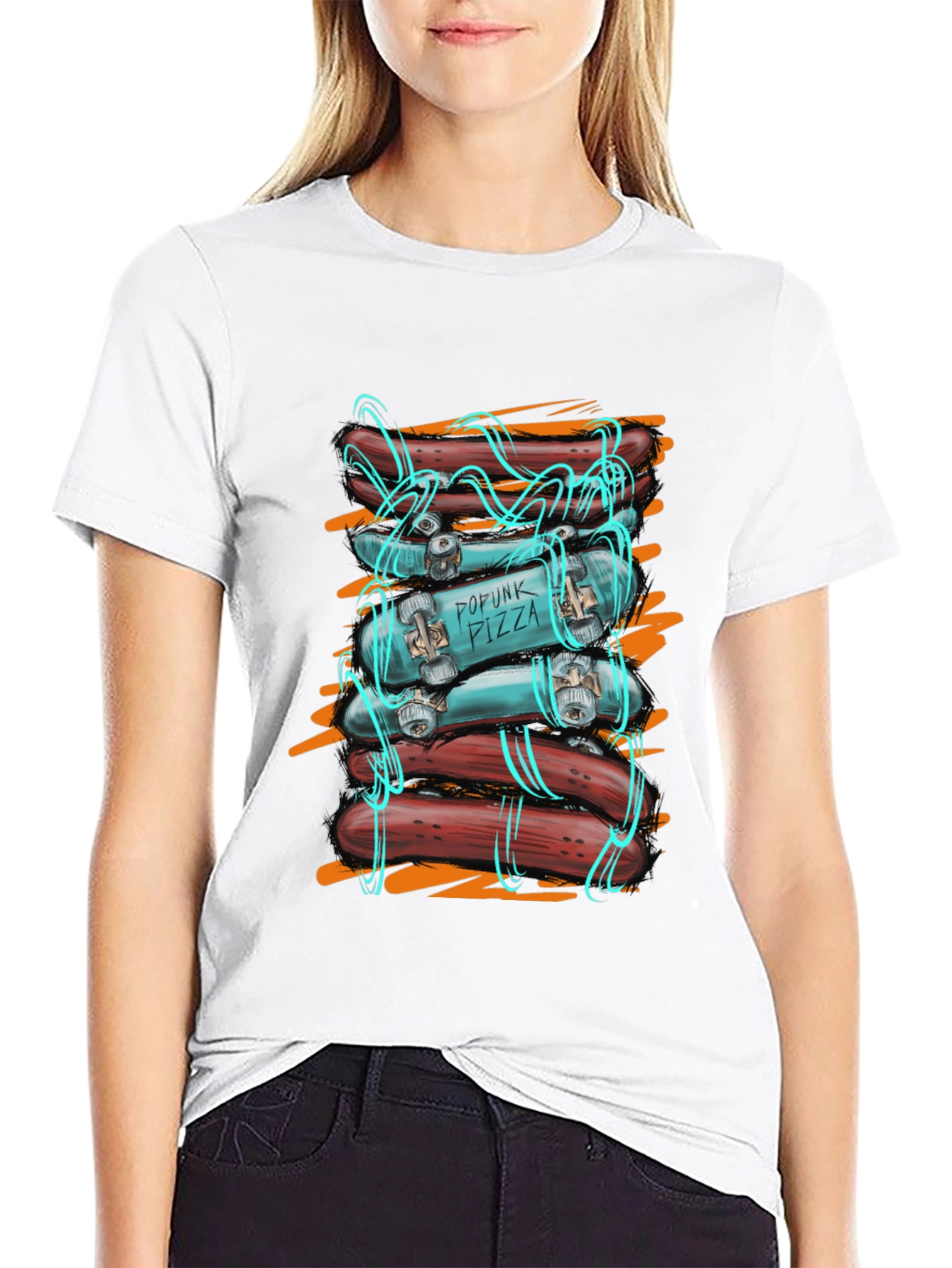 Popunk Pizza Skateboard & Hotdog T-Shirt