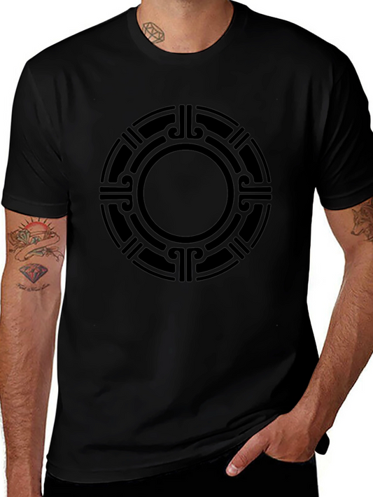 Aztec Sun Circle Graphic Tee - Black Cotton Casual Shirt