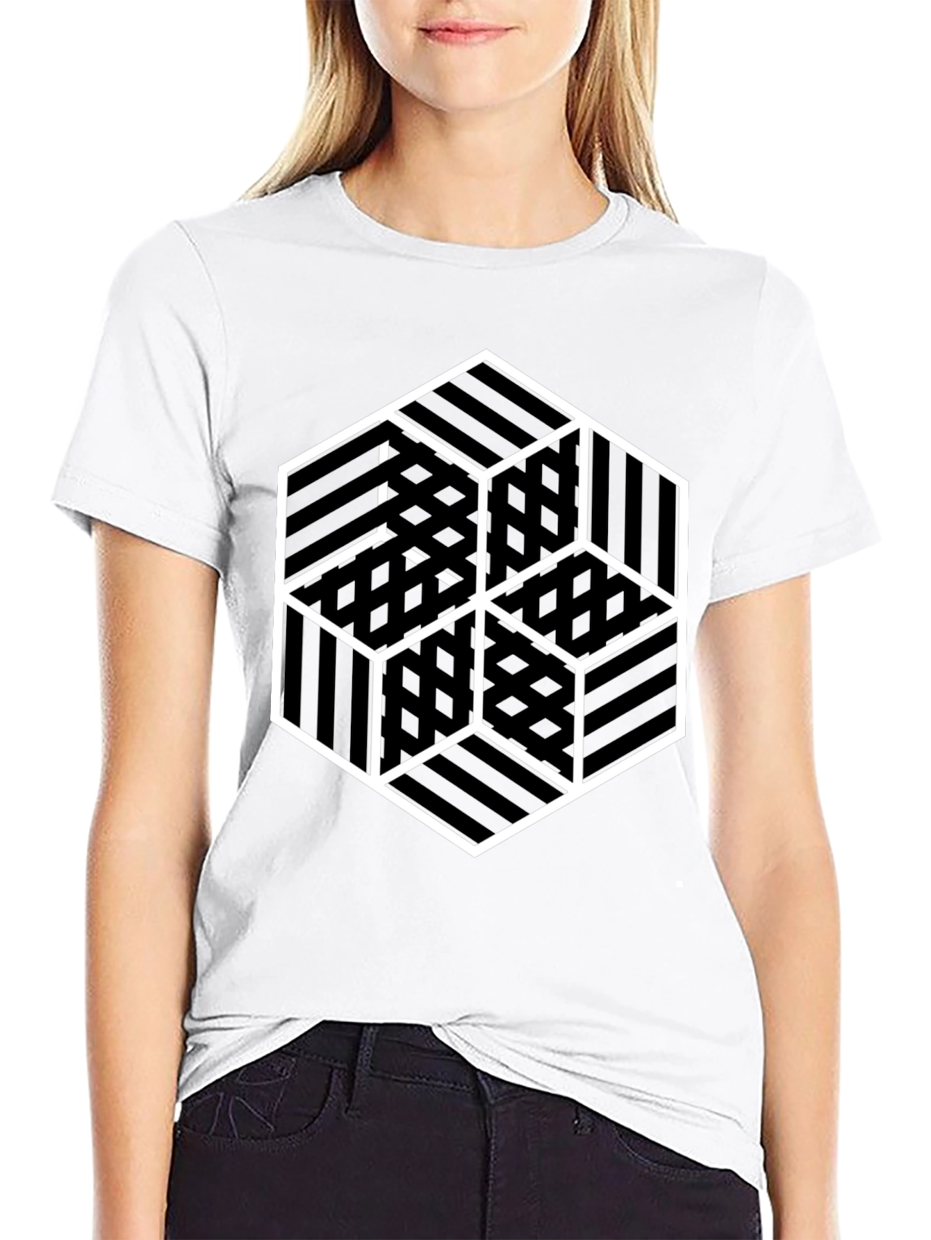 Geometric Illusion Cube Graphic Black T-Shirt