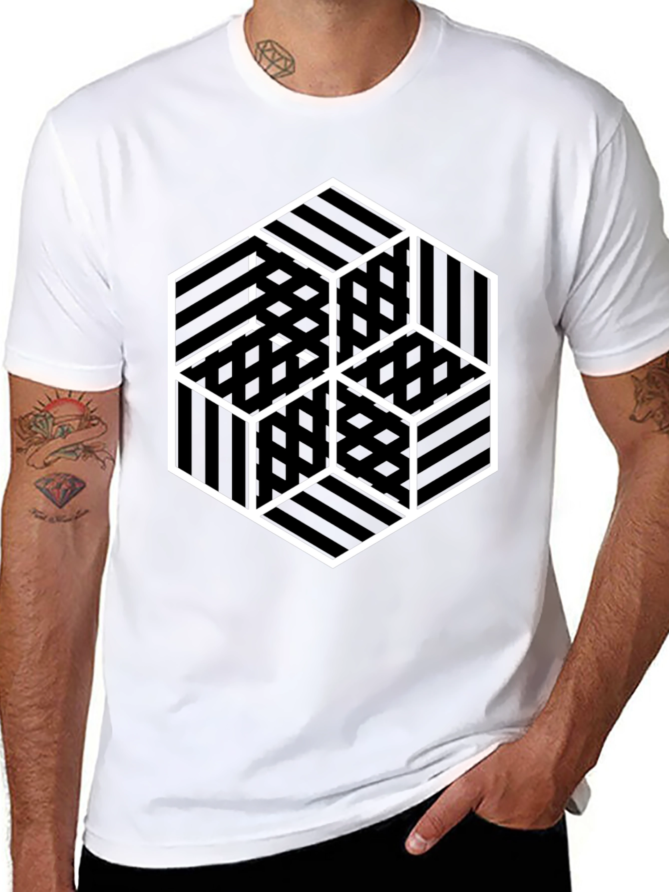 Geometric Illusion Cube Graphic Black T-Shirt