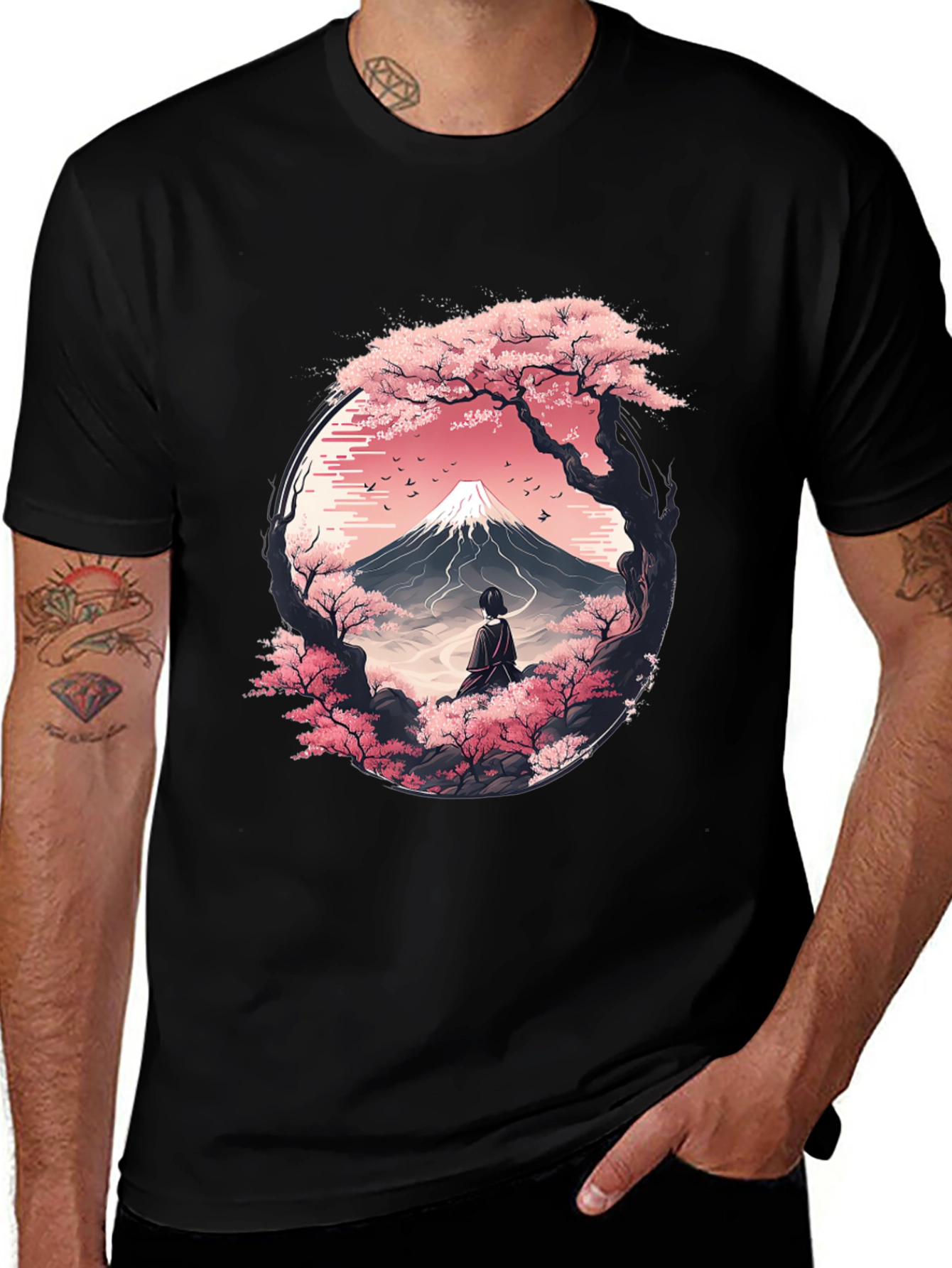 Sakura Mountain Graphic Tee - Unisex Black T-Shirt